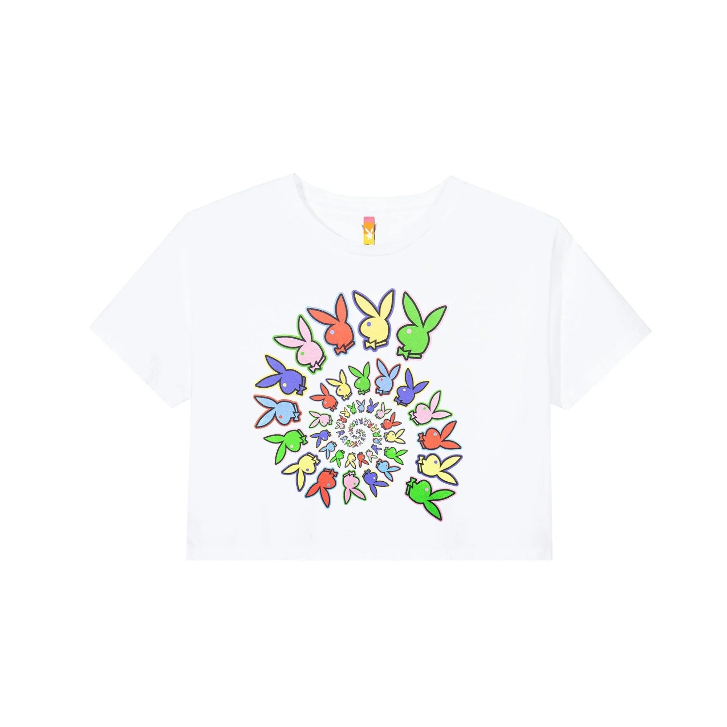 White cropped t-shirt with colorful spiral bunny graphic, women's fashion top