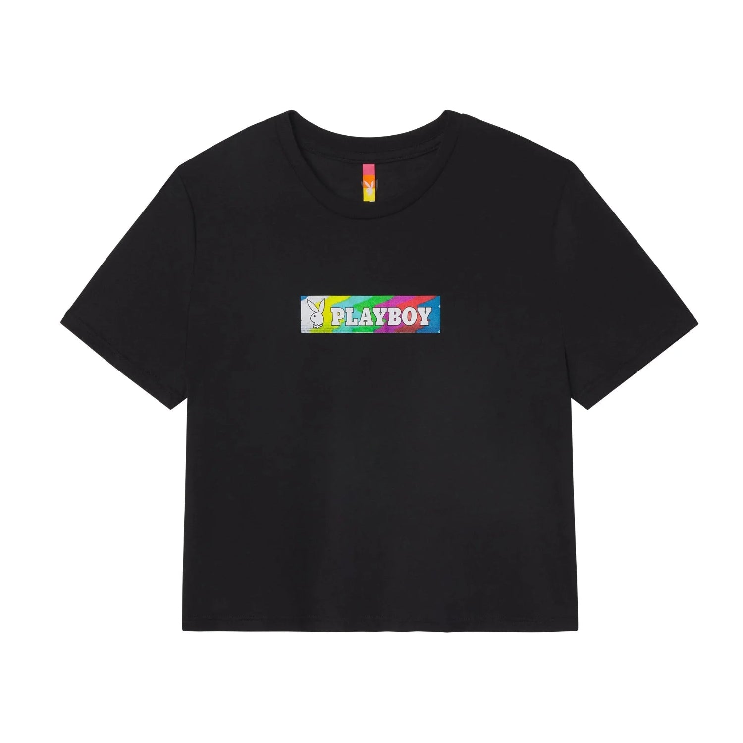 Black women’s cropped t-shirt with a colorful Playboy logo graphic on the chest.