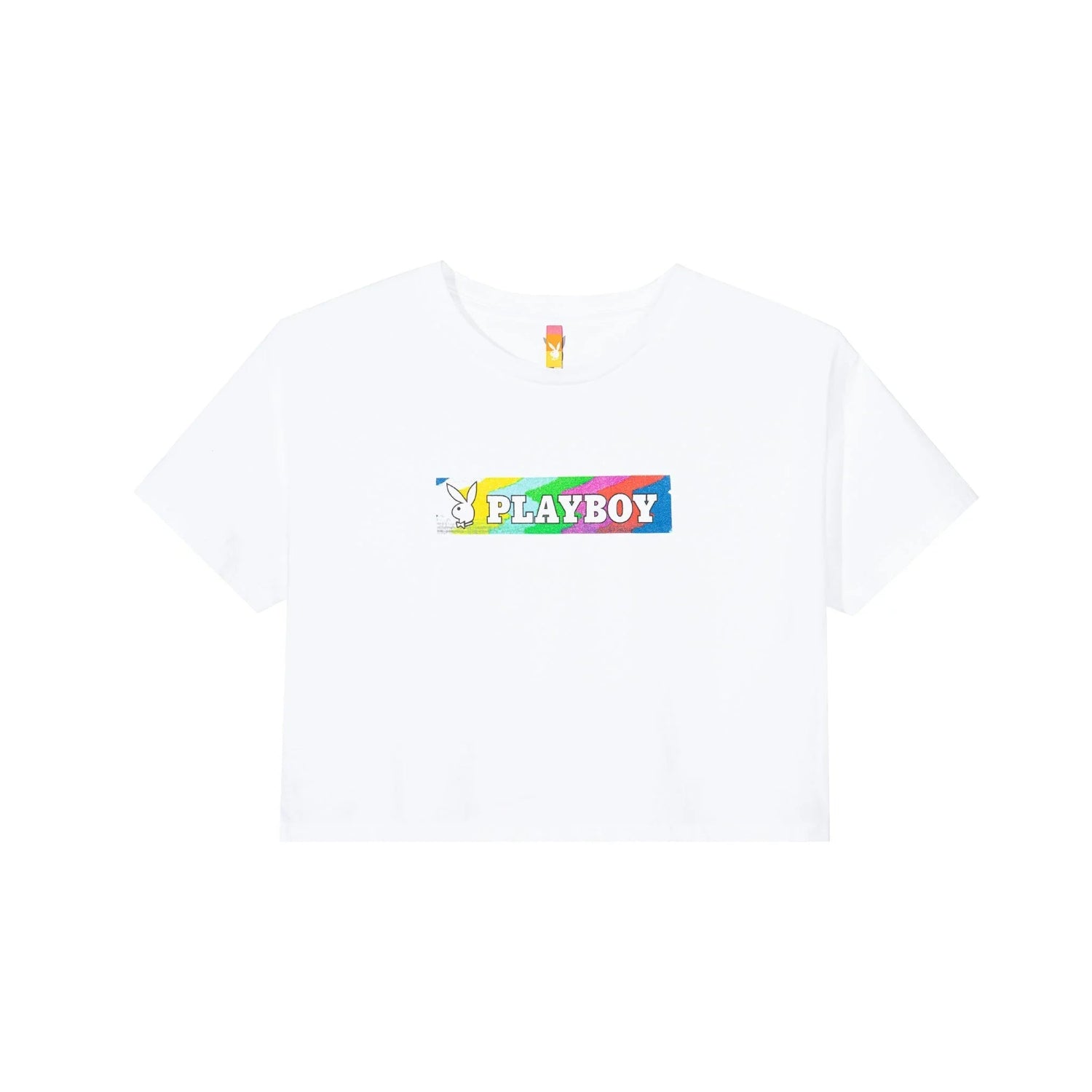 White women's cropped t-shirt with colorful rectangular Playboy logo and bunny graphic on front
