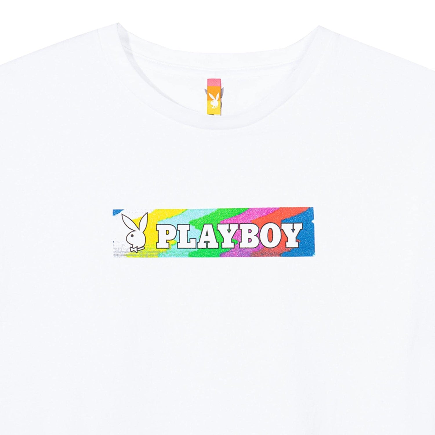White cropped women's t-shirt with colorful PLAYBOY logo and bunny graphic on chest