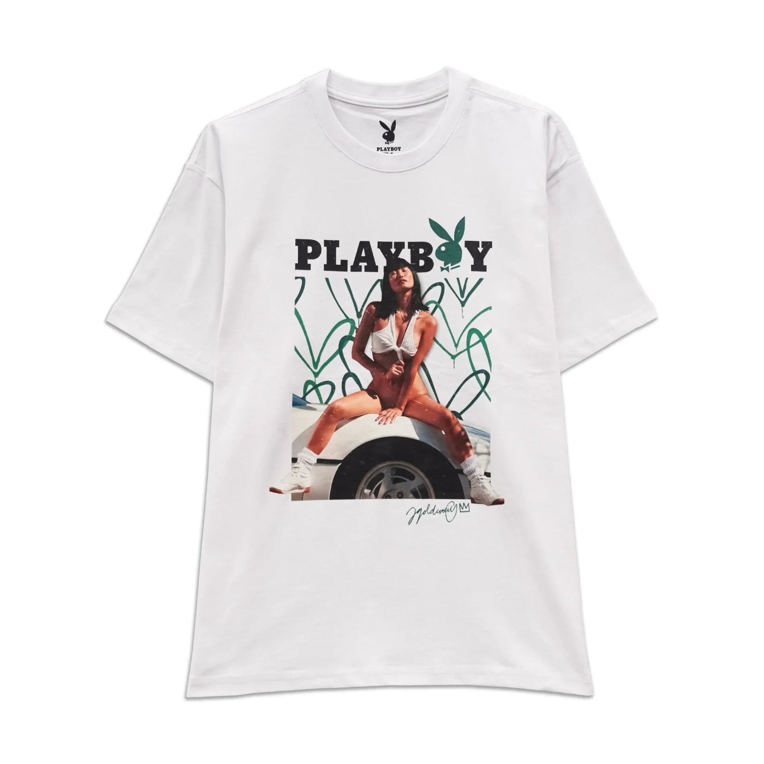 White graphic tee featuring a woman posing on a car, green graffiti, and bold text design.