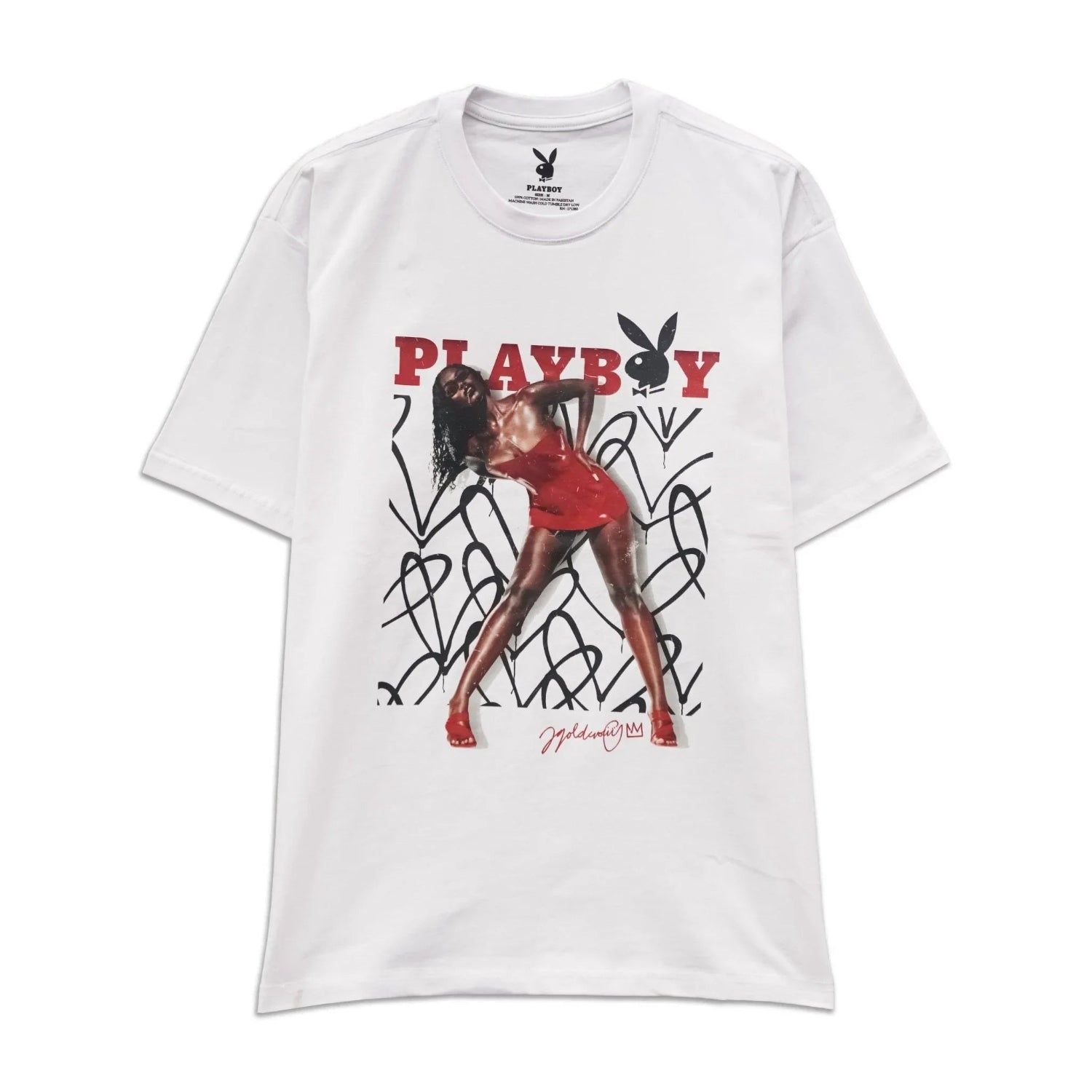 White graphic tee with model in red dress, bold PLAYBOY text, and abstract black hearts.