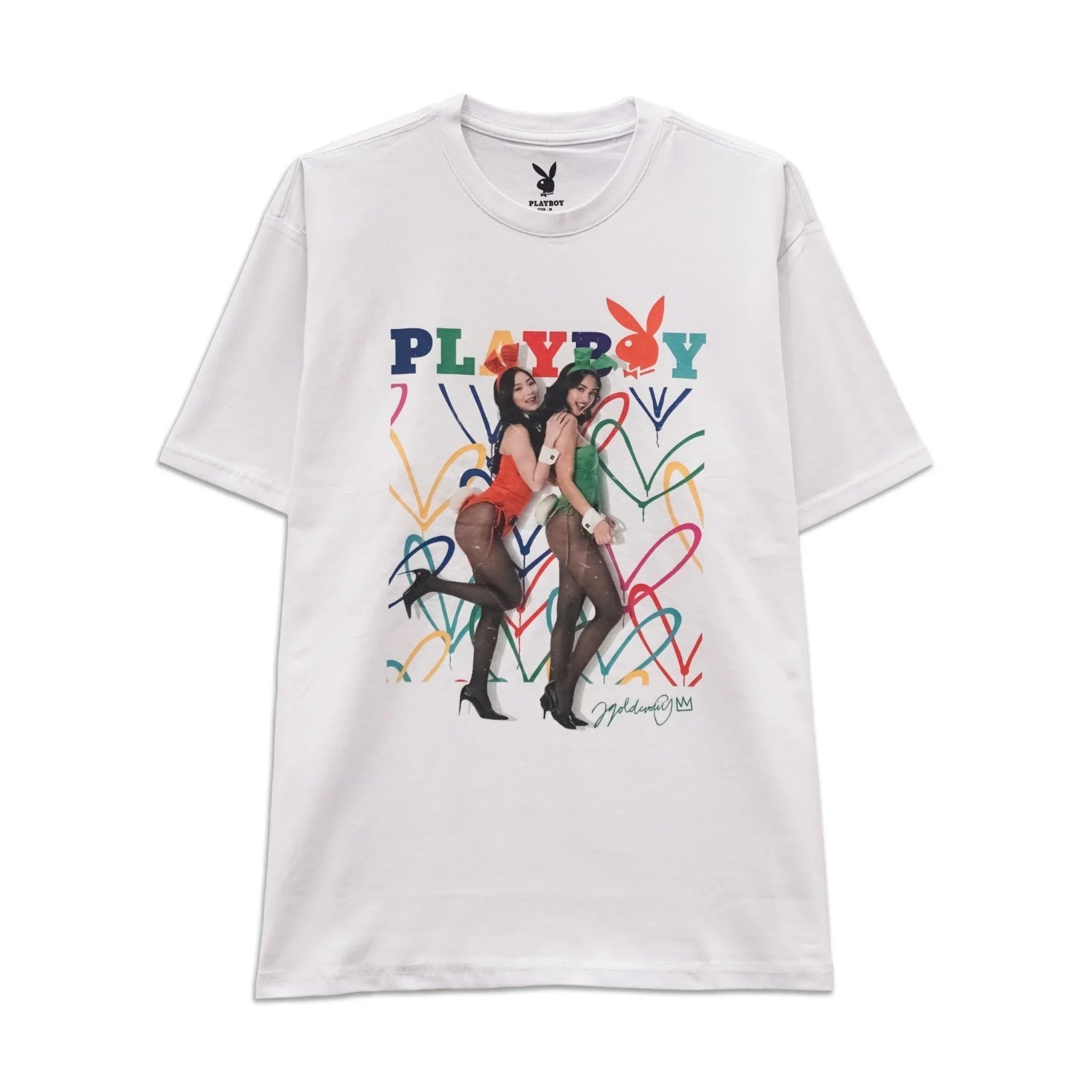 White t-shirt featuring two women in colorful bunny costumes with playful graphic accents