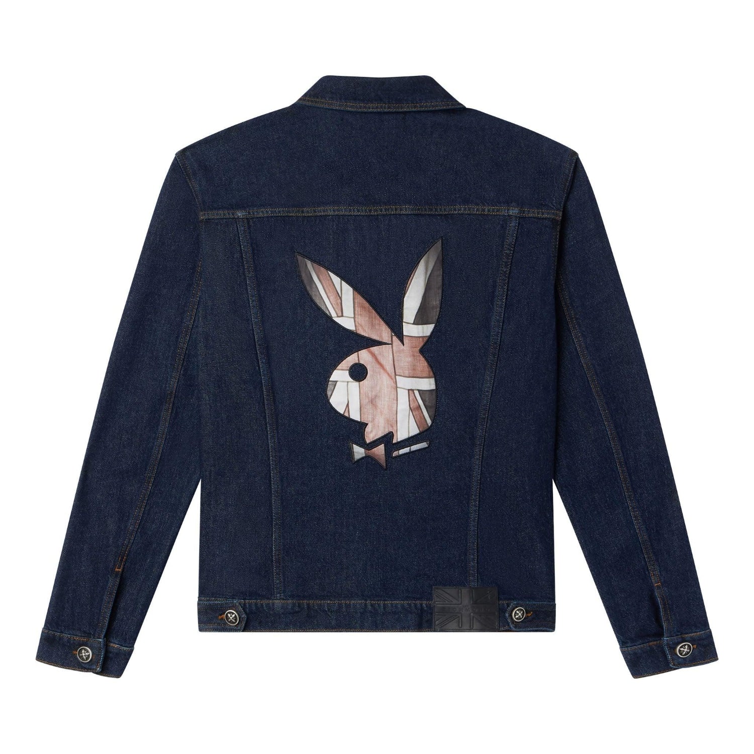 Denim jacket with large bunny logo and Union Jack flag graphic on the back