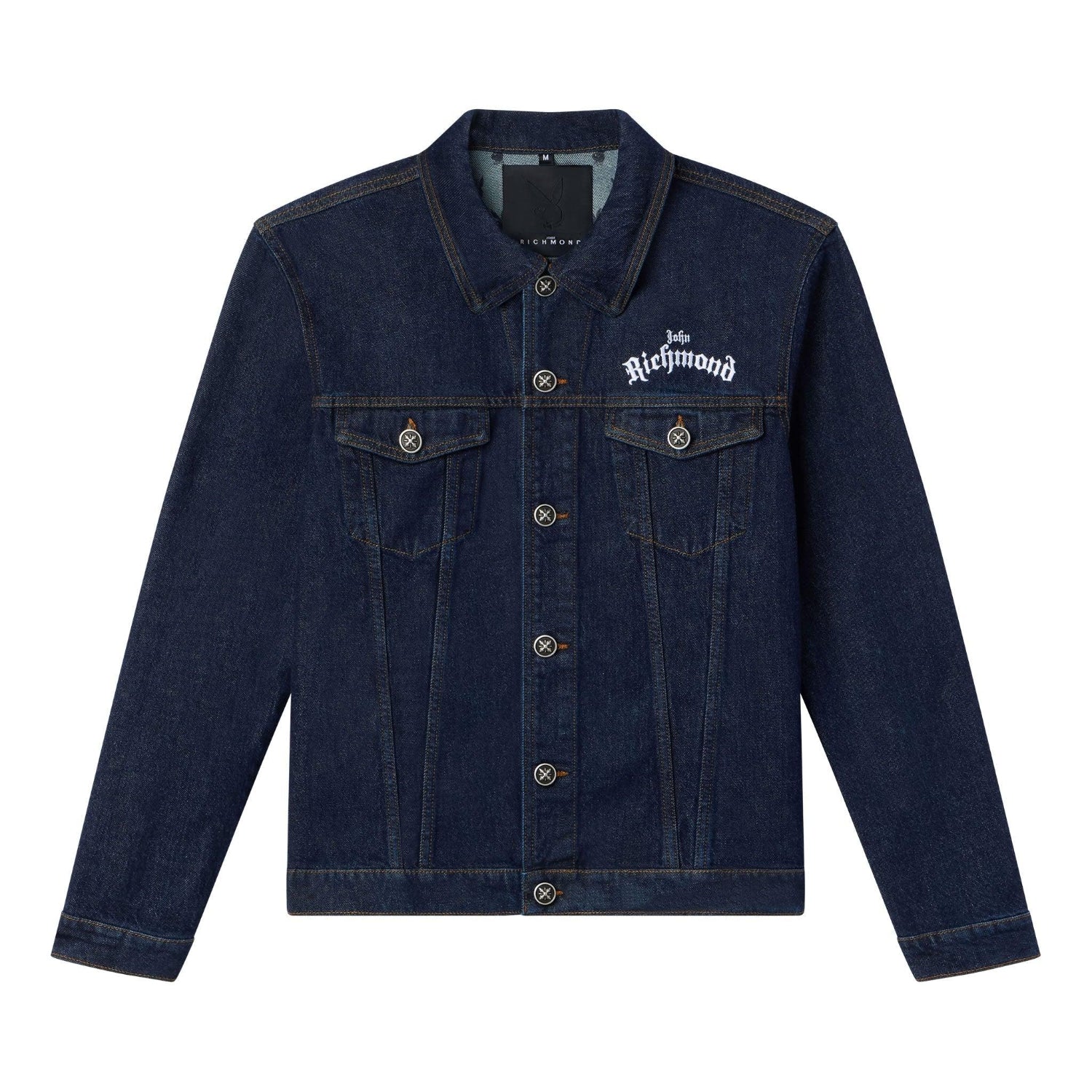 Dark blue denim jacket with button closure and 'John Richmond' logo on chest