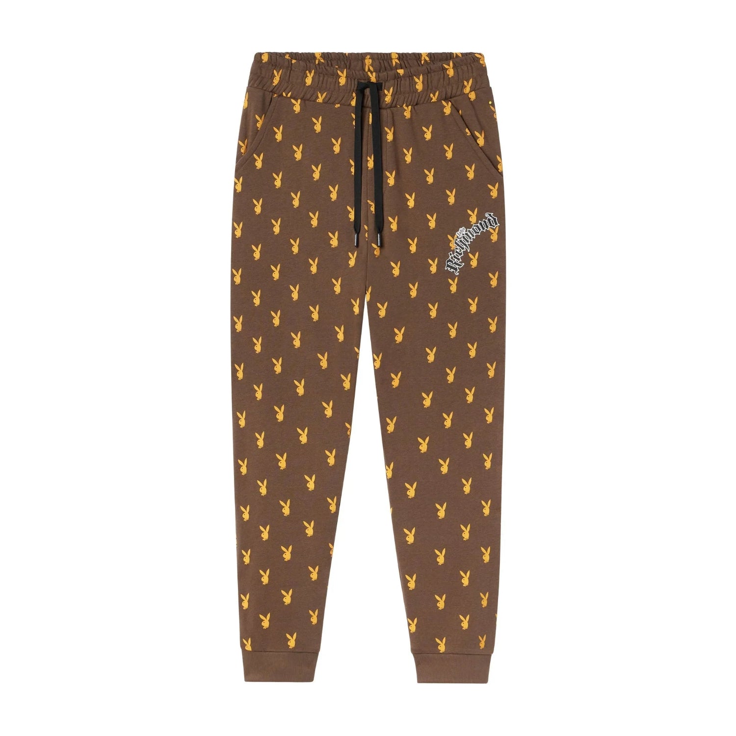 Brown sweatpants with yellow rabbit head pattern and Richmond text graphic on leg