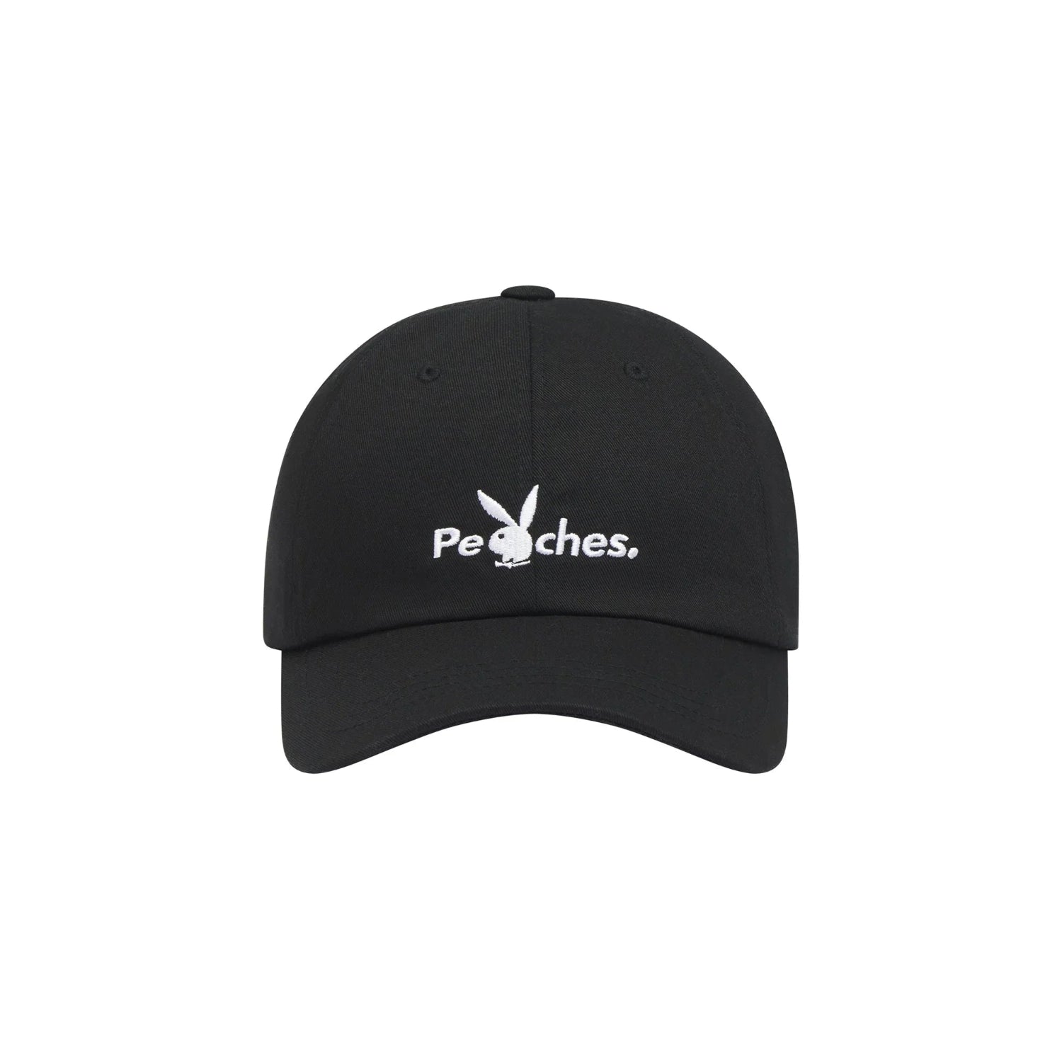 Black baseball hat with white embroidered Peaches text and bunny logo on front