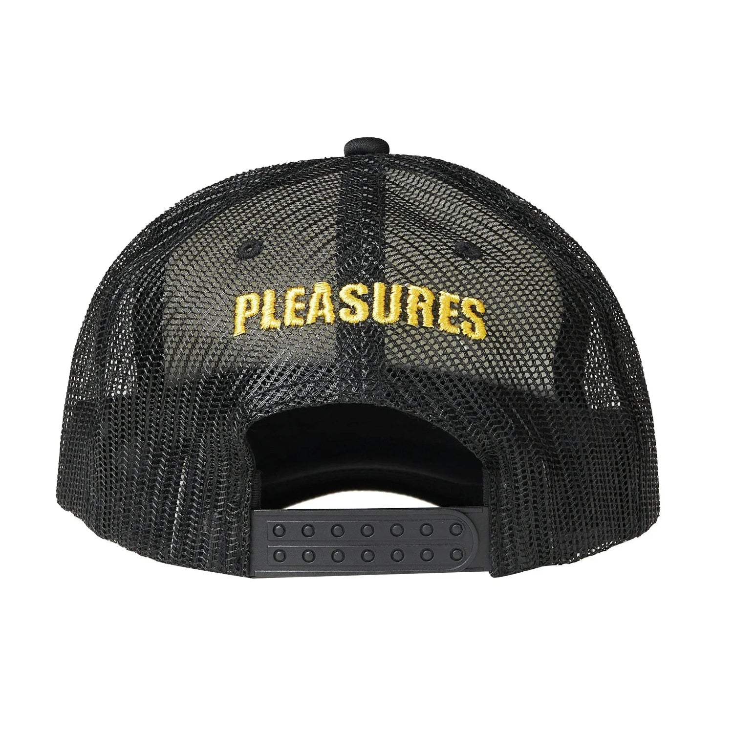 Black mesh trucker hat with yellow 'PLEASURES' embroidery on the back, adjustable strap