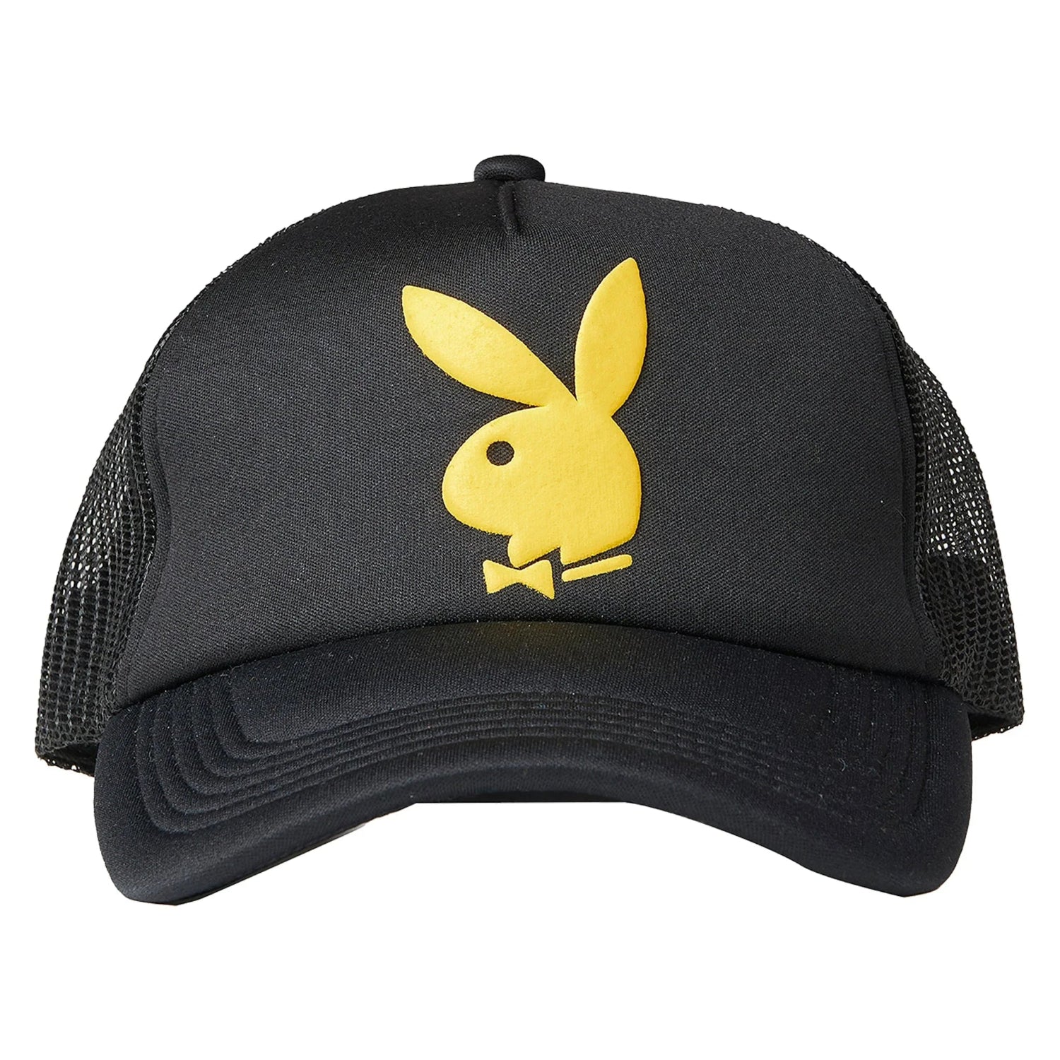 Black mesh trucker hat with a large yellow bunny logo on the front panel