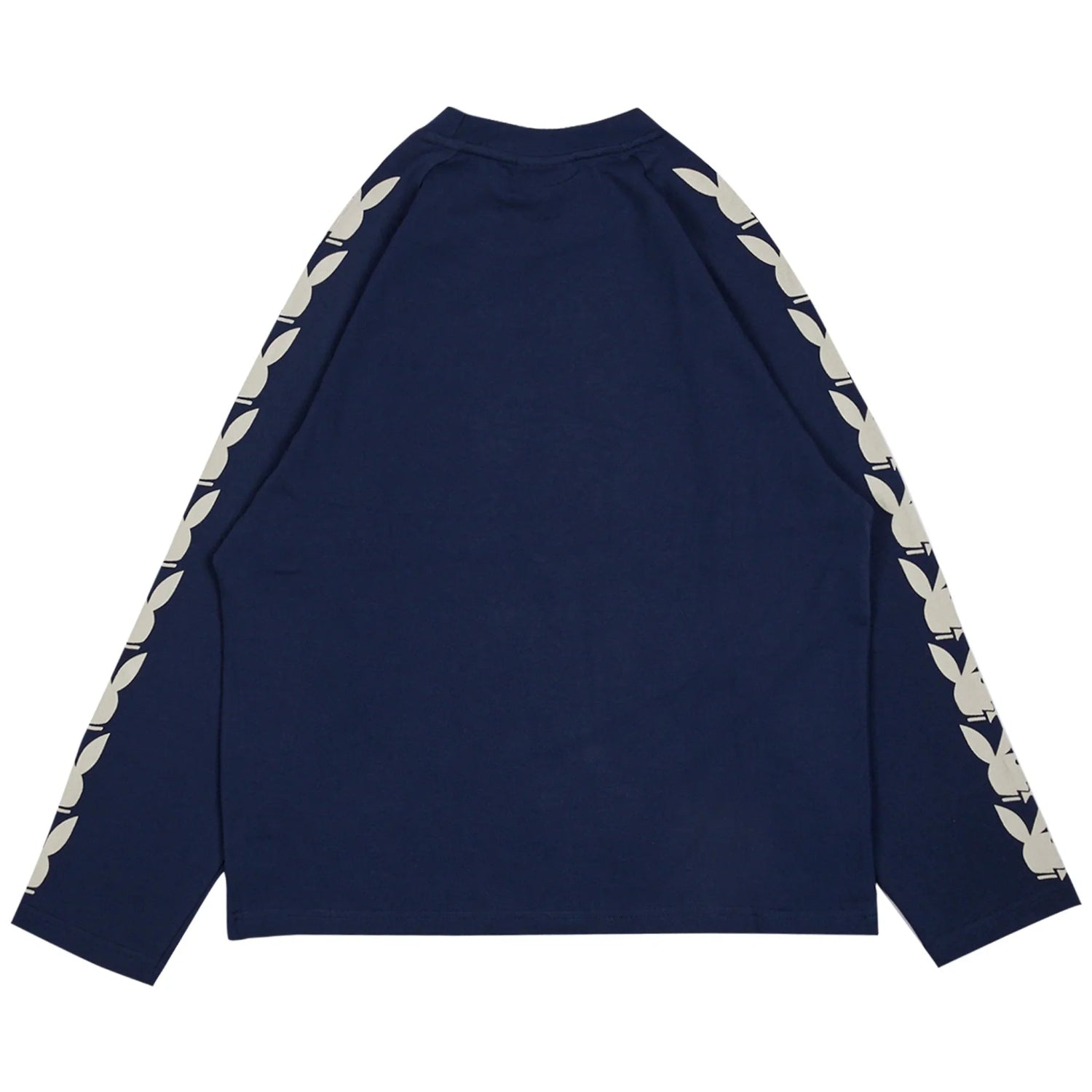 Navy blue long sleeve raglan t-shirt with white rabbit head graphics on the sleeves