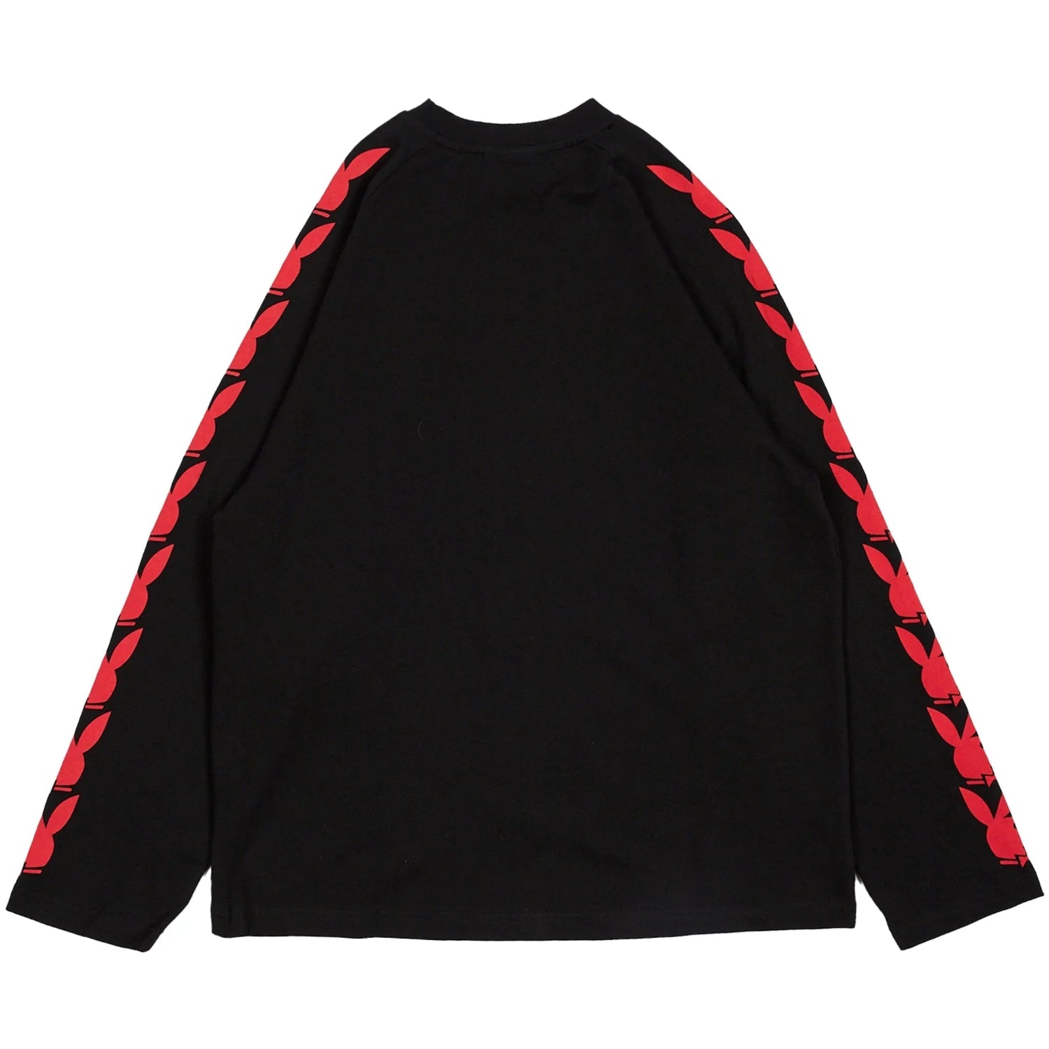 Black long sleeve raglan t-shirt with red graphic rabbit head logos down both sleeves