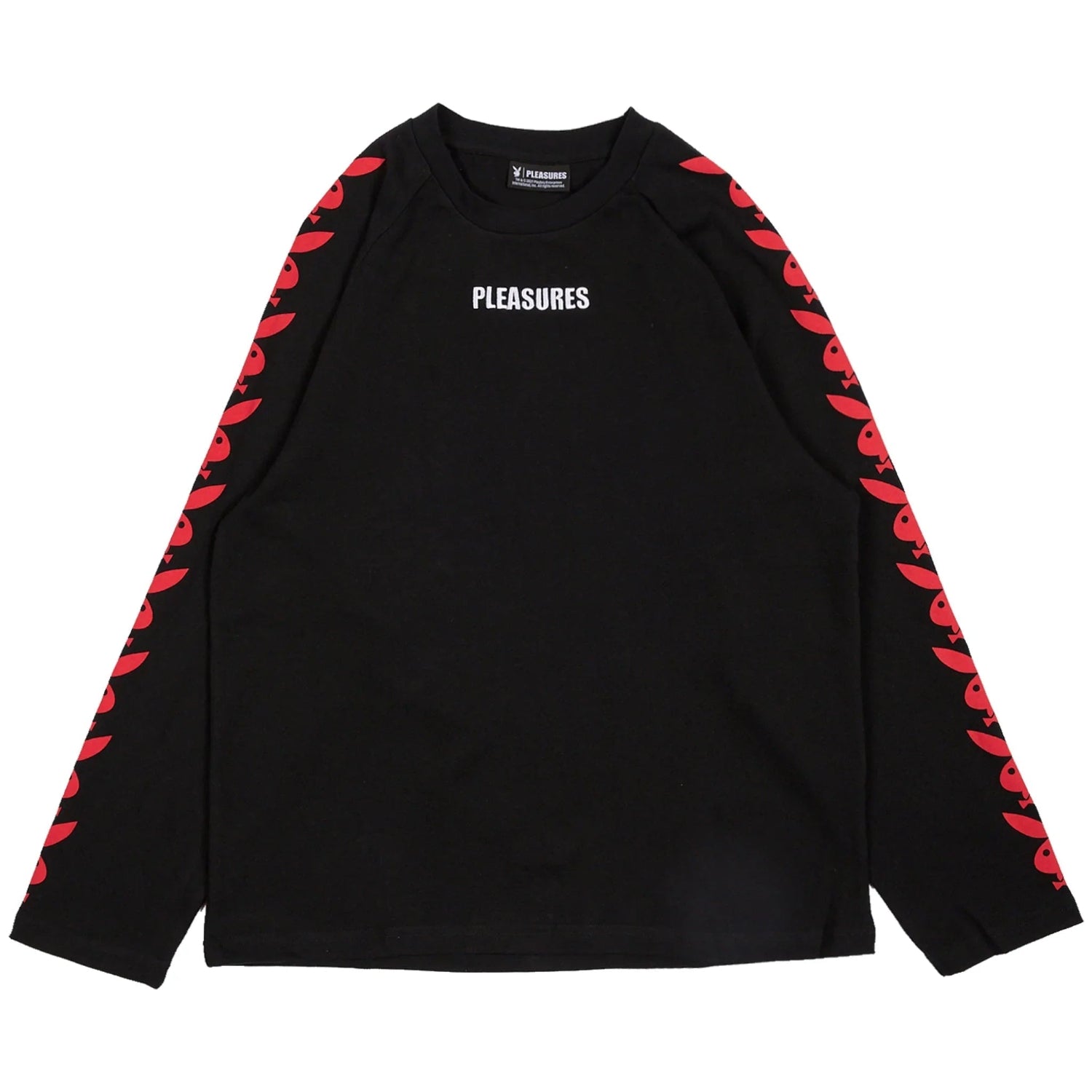 Black long sleeve raglan t-shirt with red bunny graphics on sleeves and 'Pleasures' text on front
