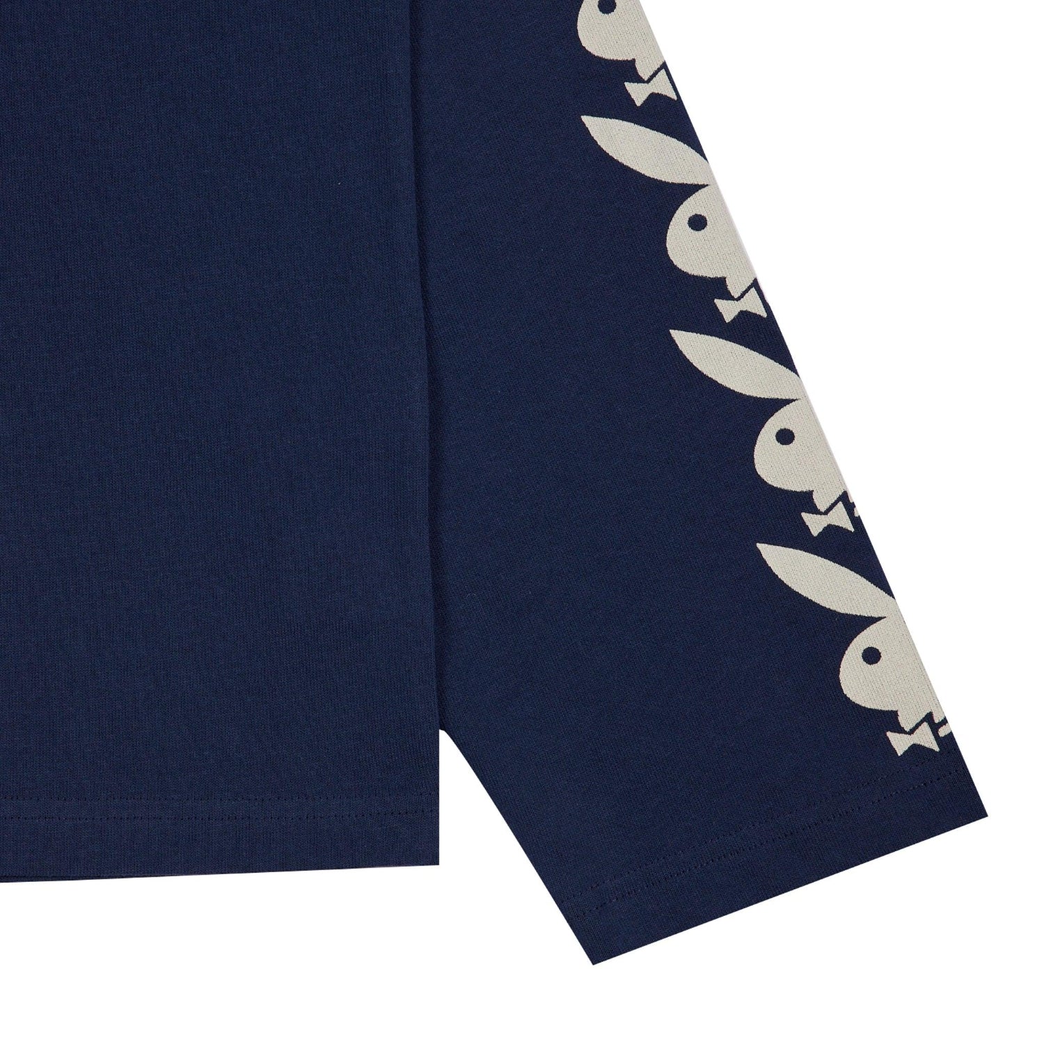 Navy blue long sleeve shirt with white bunny head graphics on sleeve
