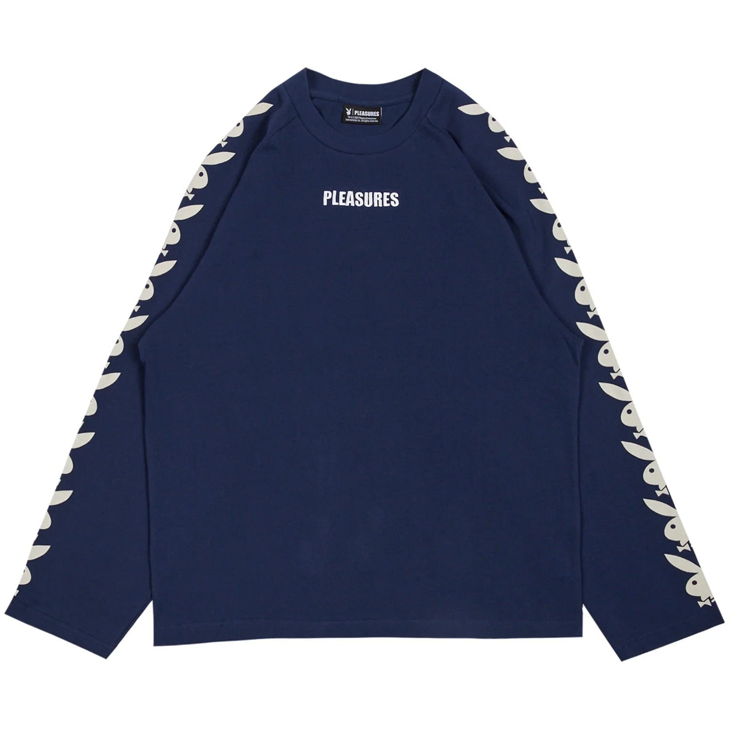 Navy blue long sleeve t-shirt with white rabbit head graphics on sleeves and 'Pleasures' text on chest