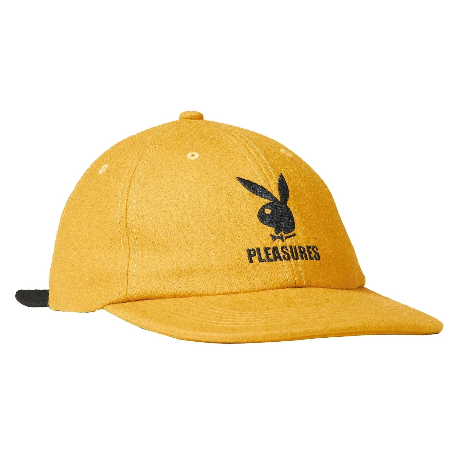 Yellow wool strapback hat with black bunny logo and Pleasures text on the front