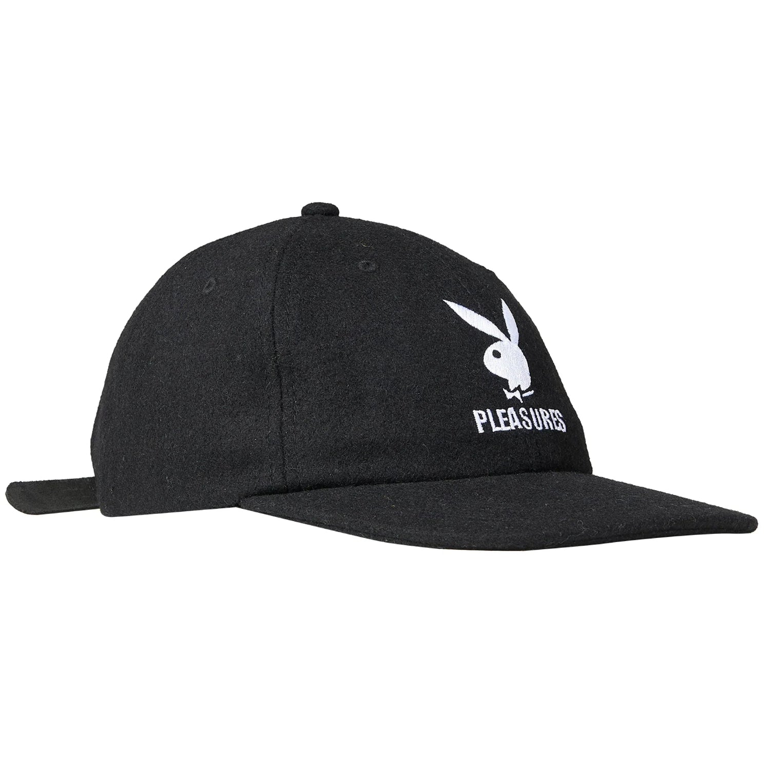 Black wool strapback hat with white bunny logo and 'Pleasures' text on front