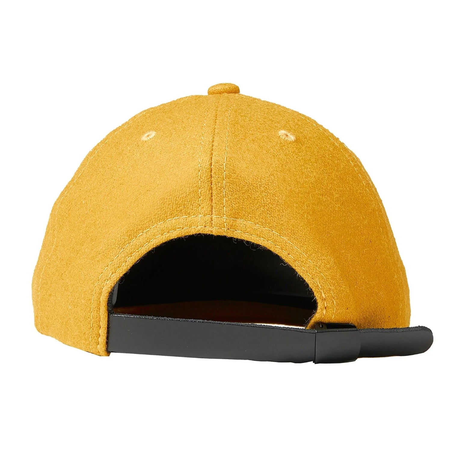Yellow wool strapback hat with adjustable black buckle, shown from the rear view.