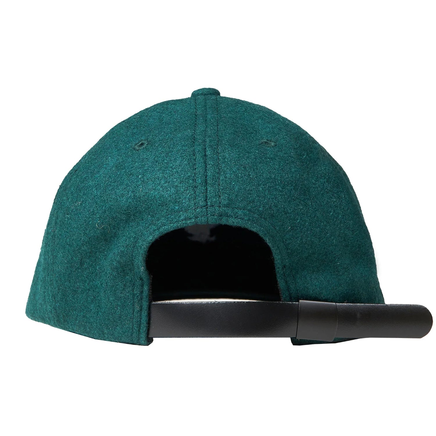 Back view of green wool strapback hat with adjustable black strap