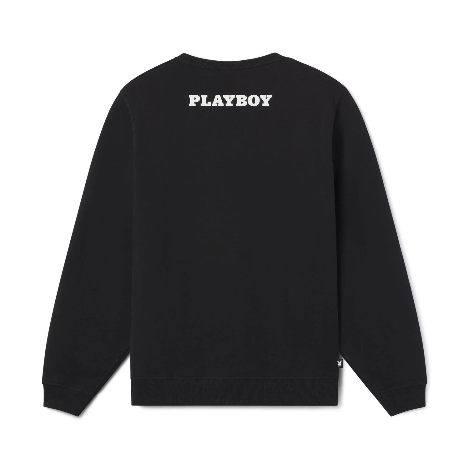 Black crewneck sweatshirt with white PLAYBOY text on the upper back