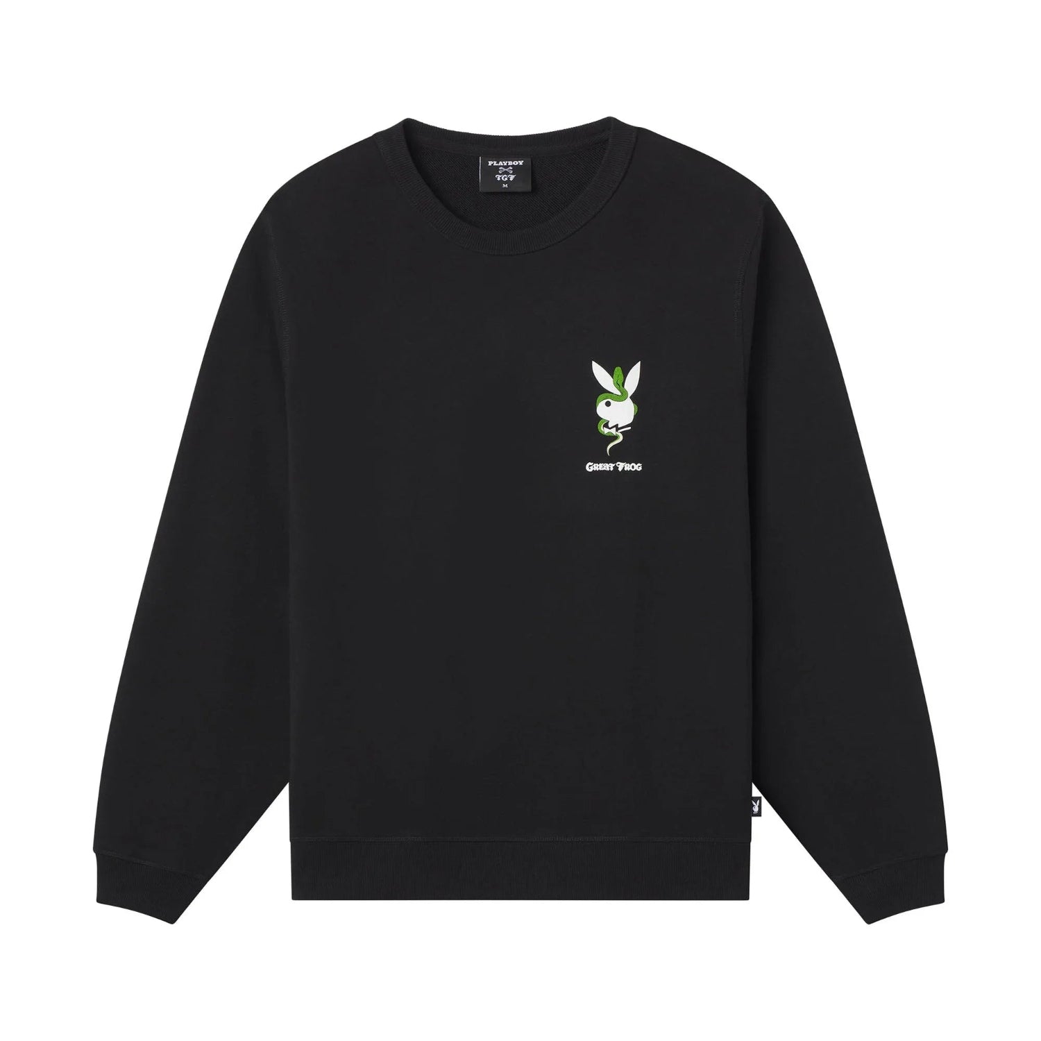 Black crewneck sweatshirt with a small cartoon bunny and 'Great Frog' text on chest