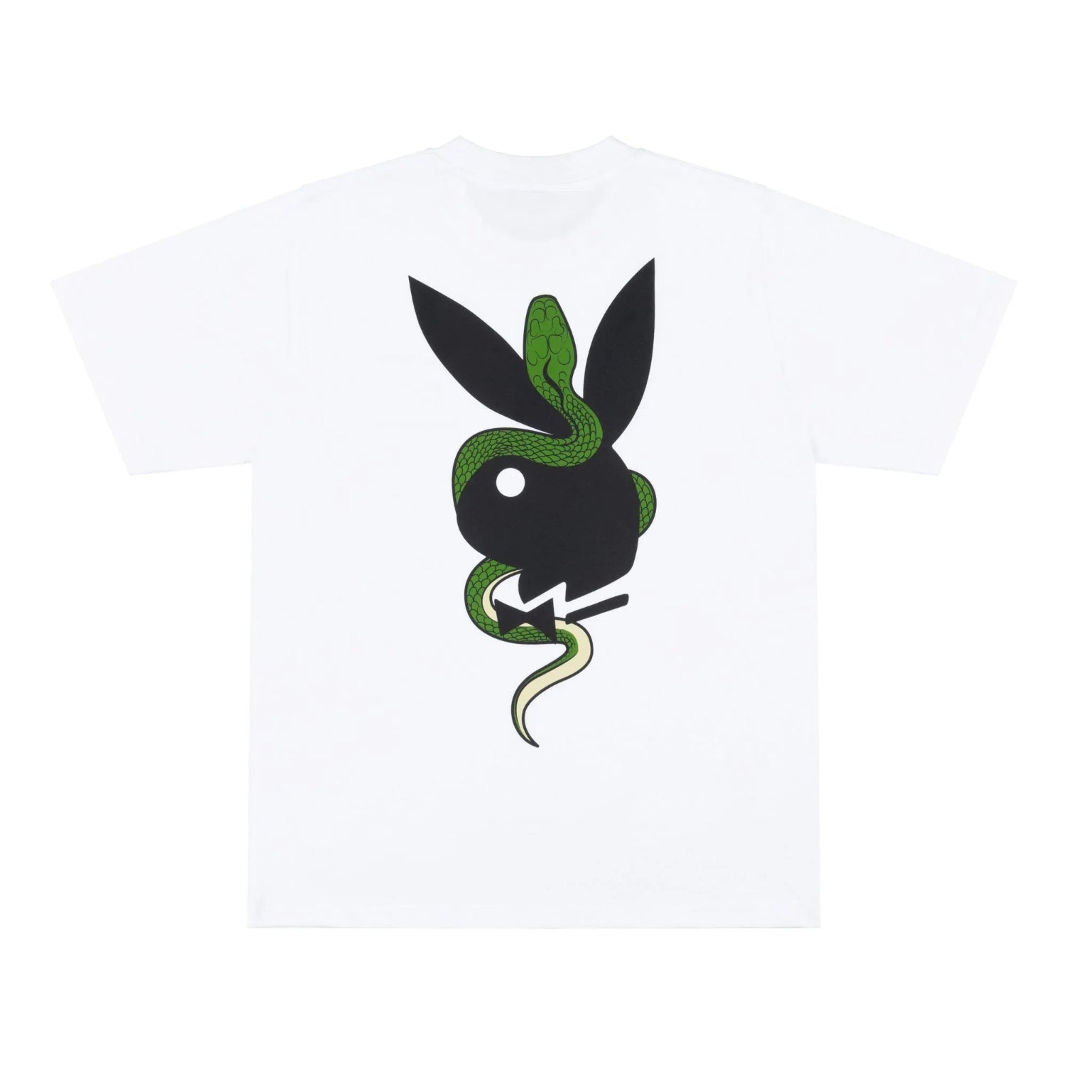 White t-shirt with black bunny head and green snake graphic on the back