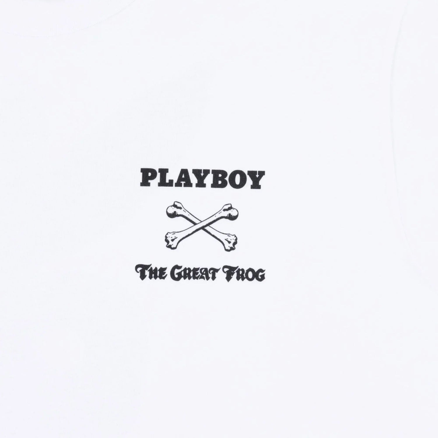 White t-shirt with black PLAYBOY and The Great Frog logo and crossed bones graphic