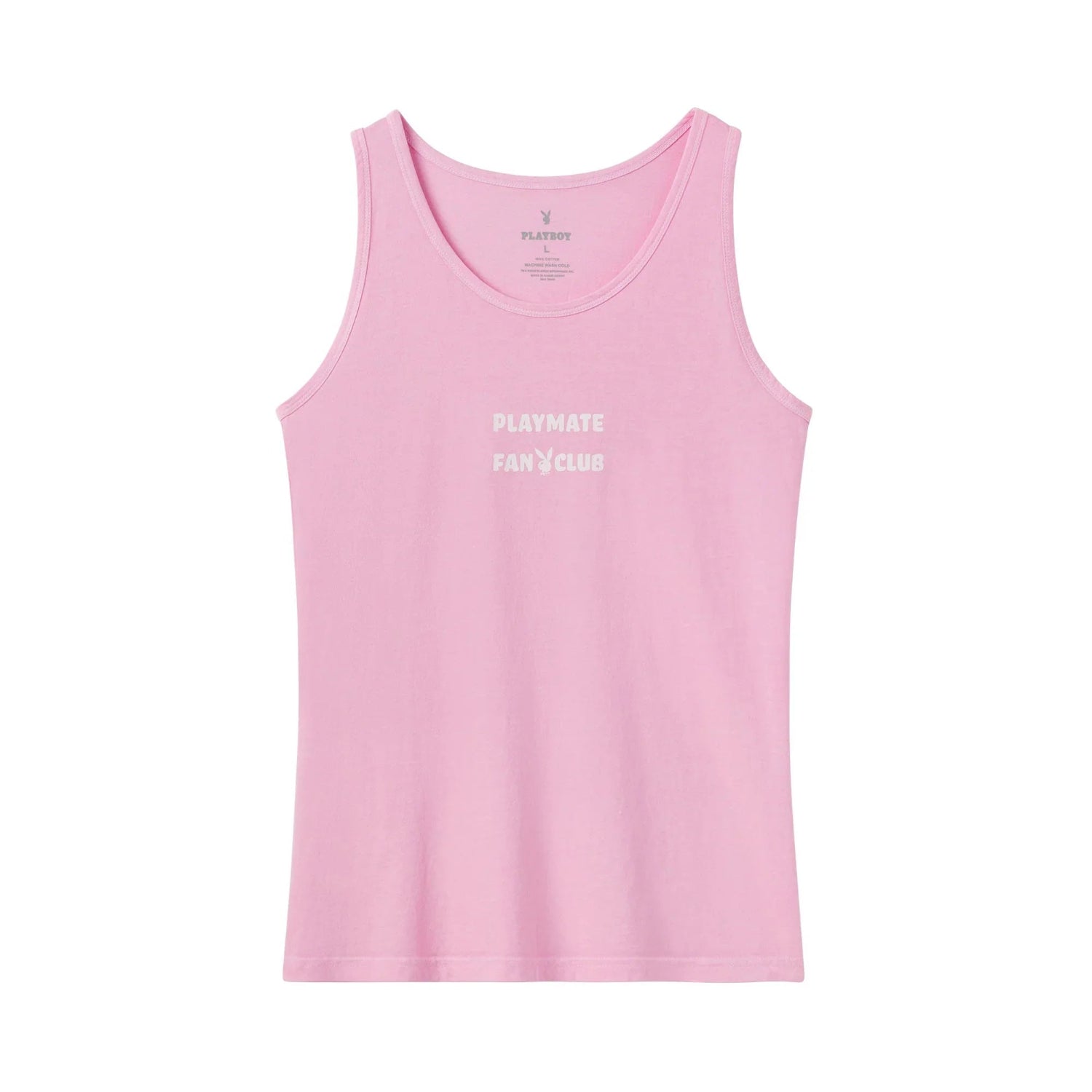 Light pink women's tank top with 'Playmate Fan Club' text and bunny logo on front