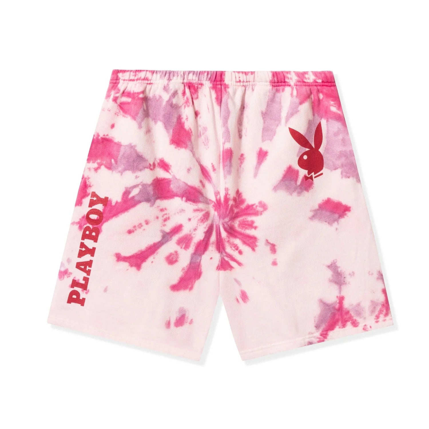 Pink tie-dye shorts with elastic waistband, red graphic and bold text on left leg