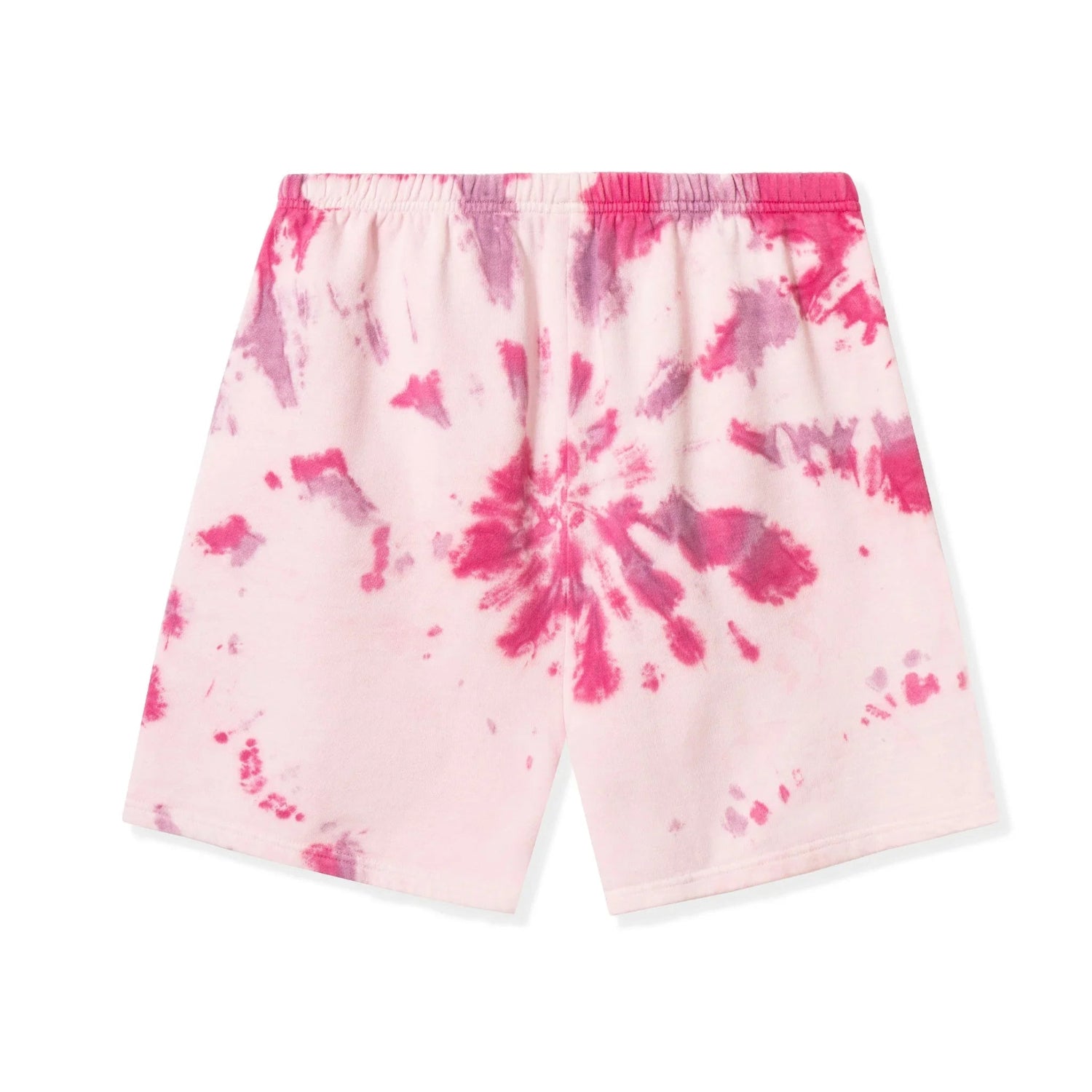 Pink and purple tie-dye lounge shorts with elastic waistband, laid flat on white background
