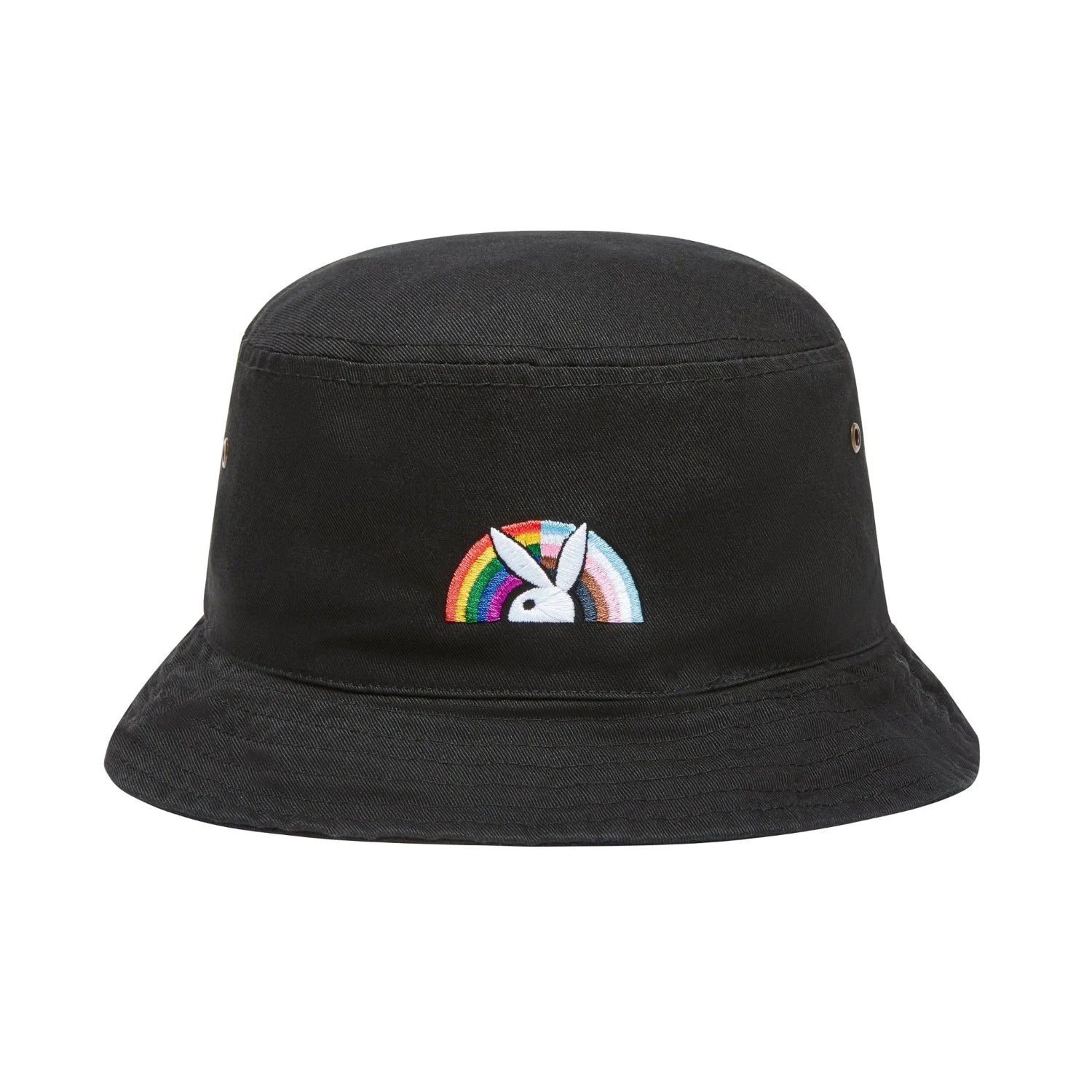Black bucket hat with embroidered rainbow and bunny logo on front, LGBTQ pride accessory