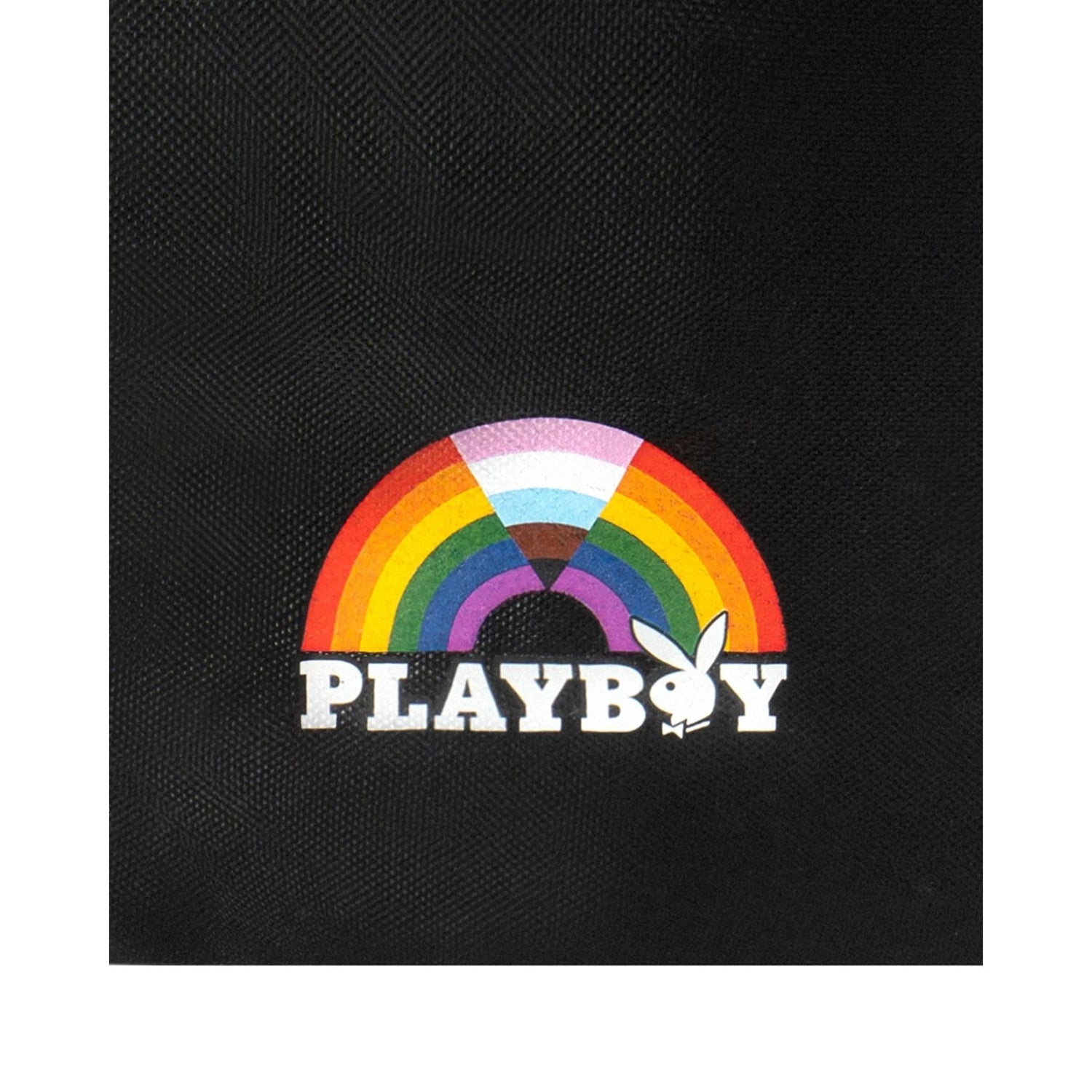 Black fanny pack with a rainbow and white text logo, featuring a pride flag design.