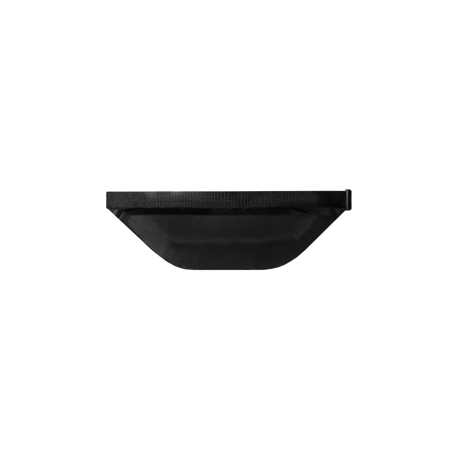 Black minimalist fanny pack with adjustable strap on white background
