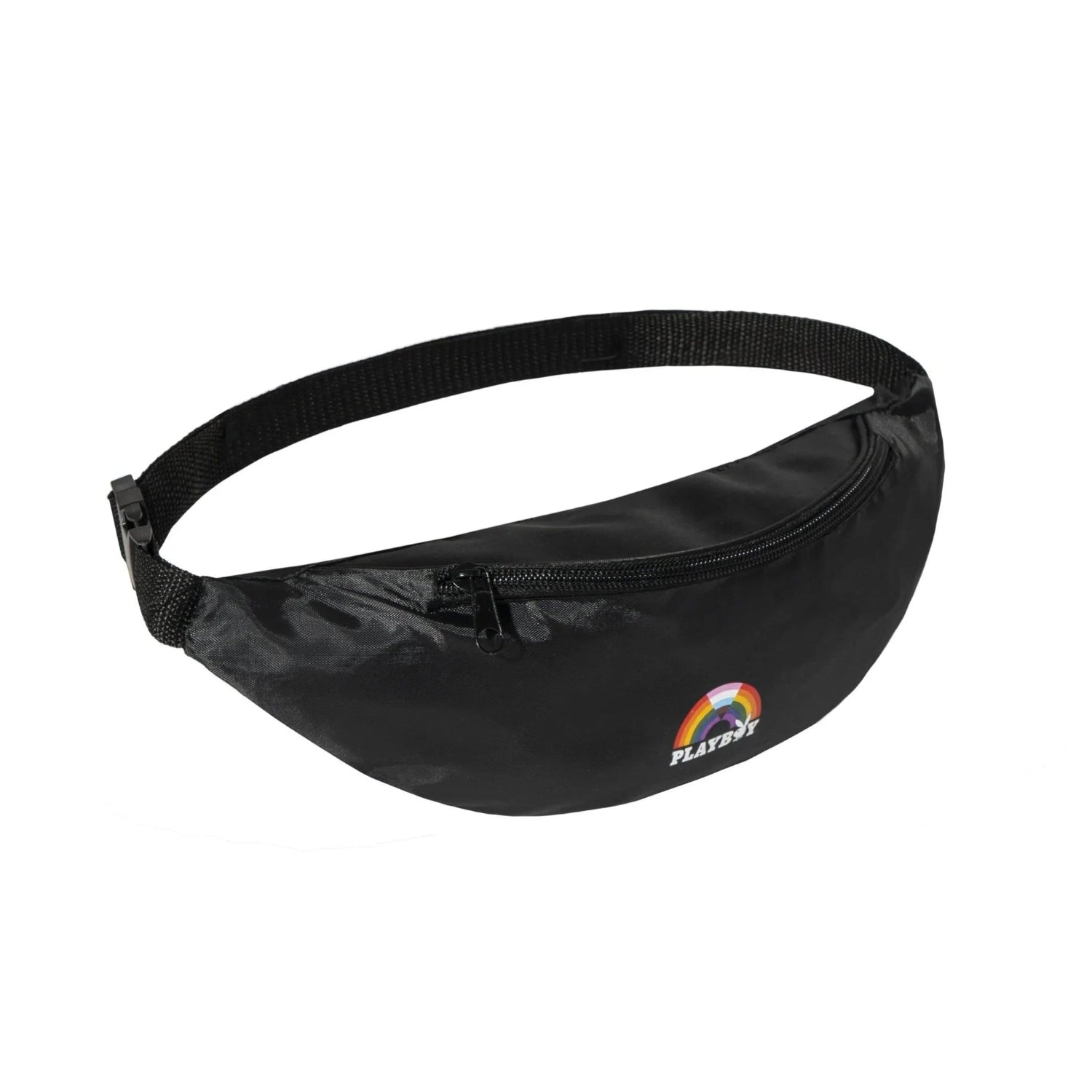 Black fanny pack with rainbow and bunny logo, zippered pouch, adjustable strap