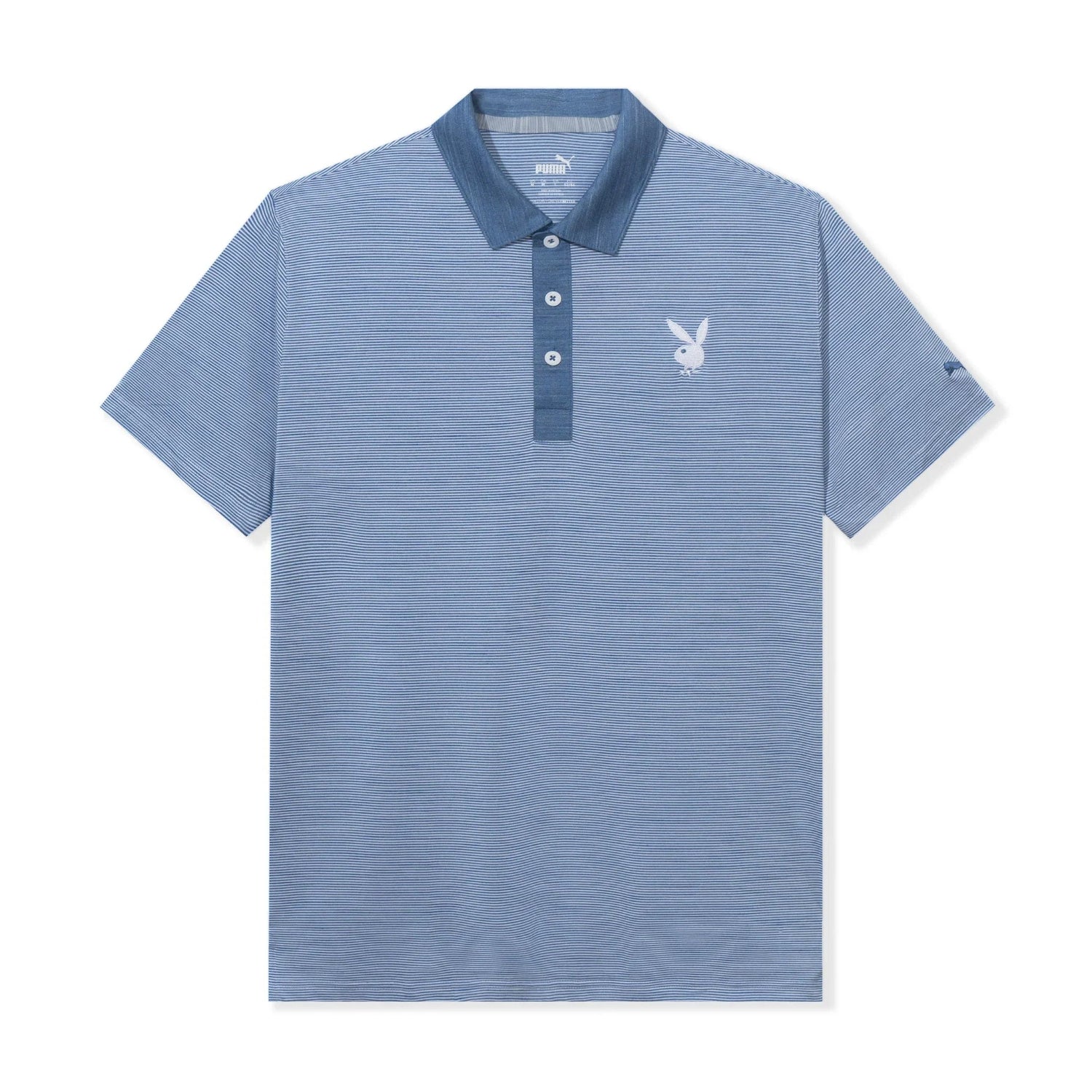 Light blue striped men's polo shirt with button placket and white bunny logo on chest