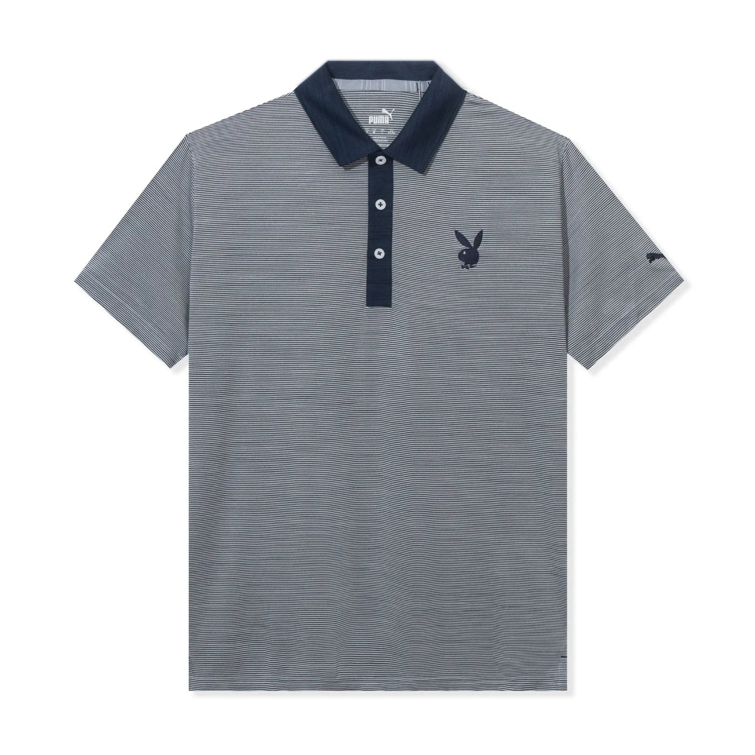 Gray striped polo shirt with navy collar and buttons, features a bunny logo on the chest.