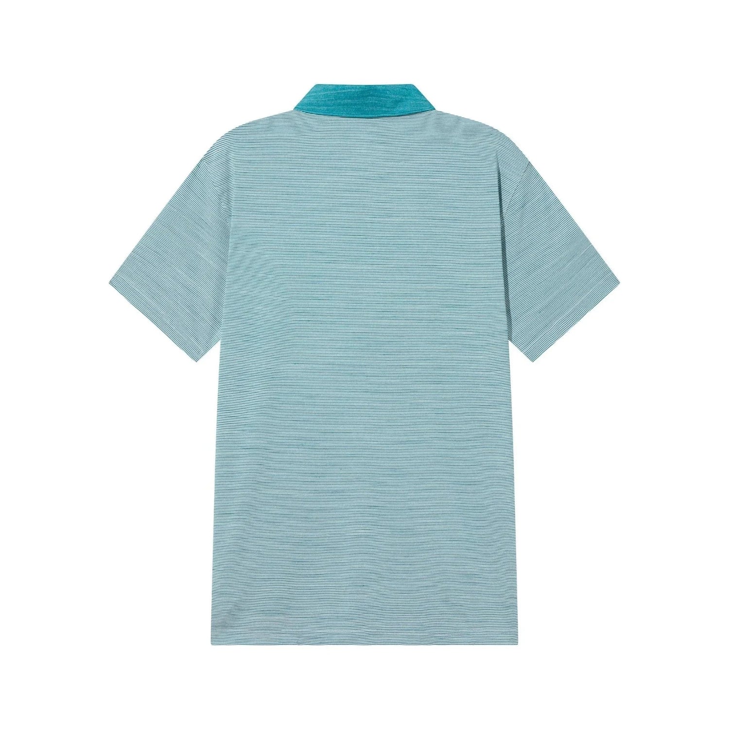 Light blue short sleeve golf polo shirt with textured collar, back view