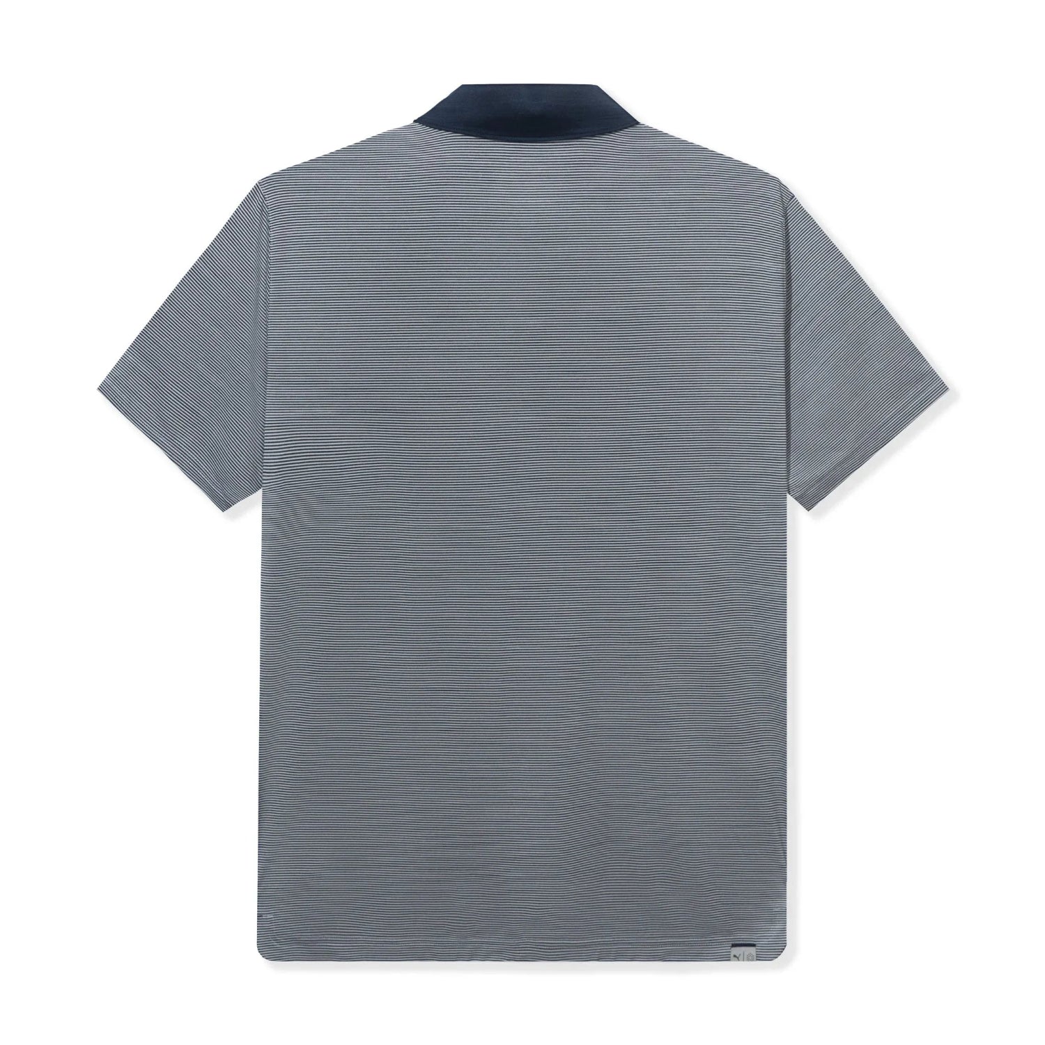 Back view of a grey striped men's short sleeve polo shirt with a dark collar.