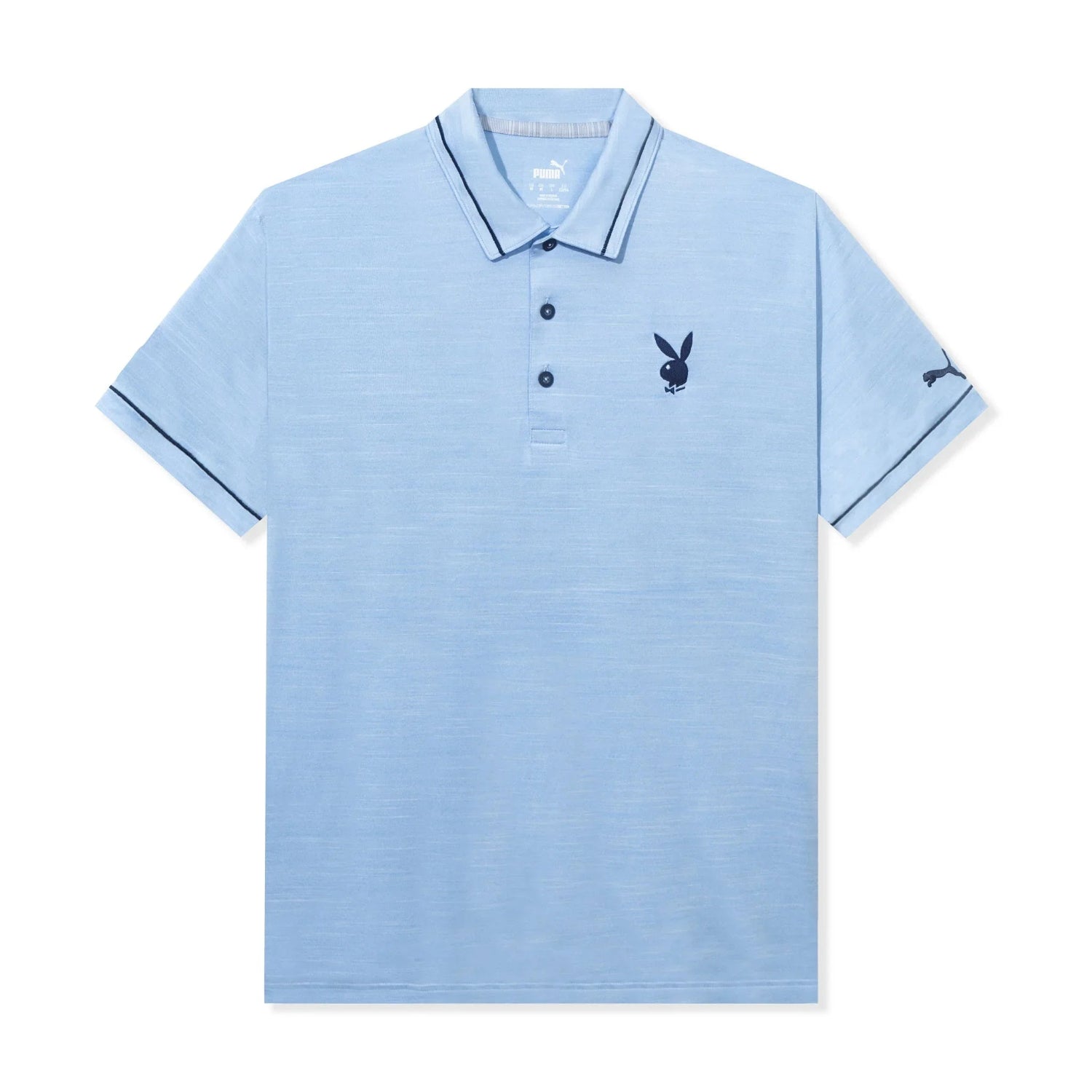 Light blue men's polo shirt with collar, black bunny logo on chest, and accent trim on sleeves.