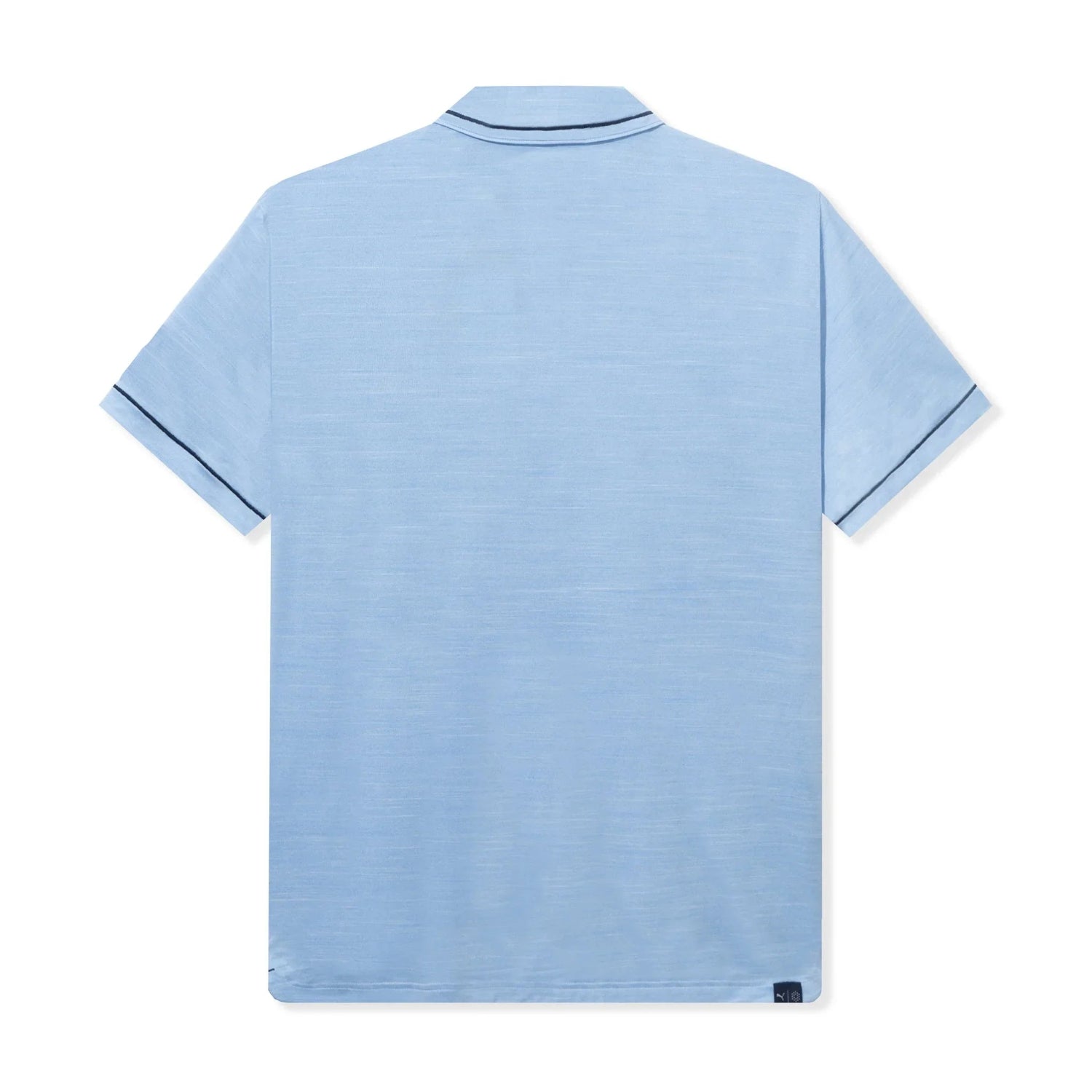 Light blue men's performance golf polo shirt with short sleeves and dark trim detail