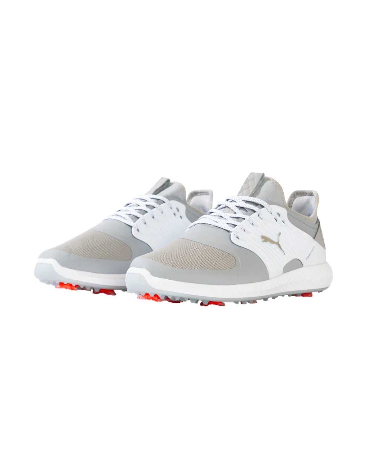 Pair of gray and white athletic golf shoes with mesh uppers, lace-up closure, and textured soles