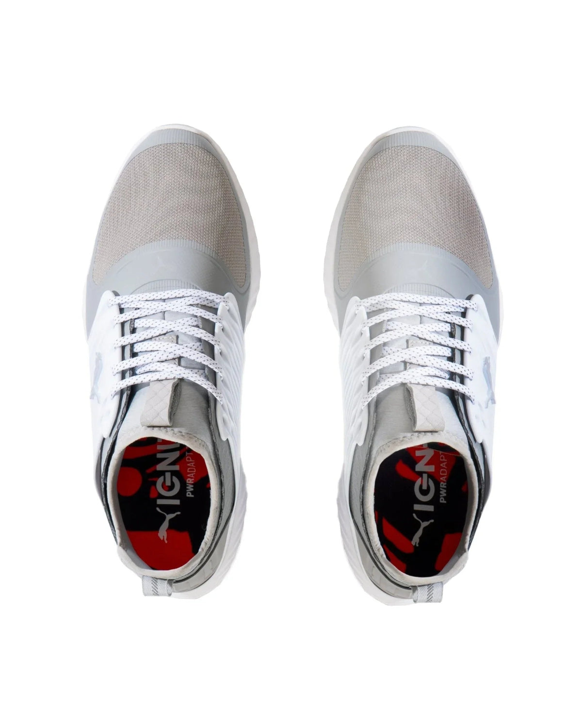 Top view of white and gray mesh golf shoes with laces, red-black insoles, sporty design.