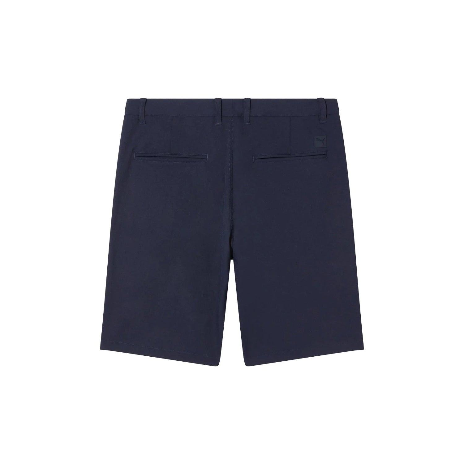 Navy golf shorts for men with belt loops and back welt pockets, laid flat on white background