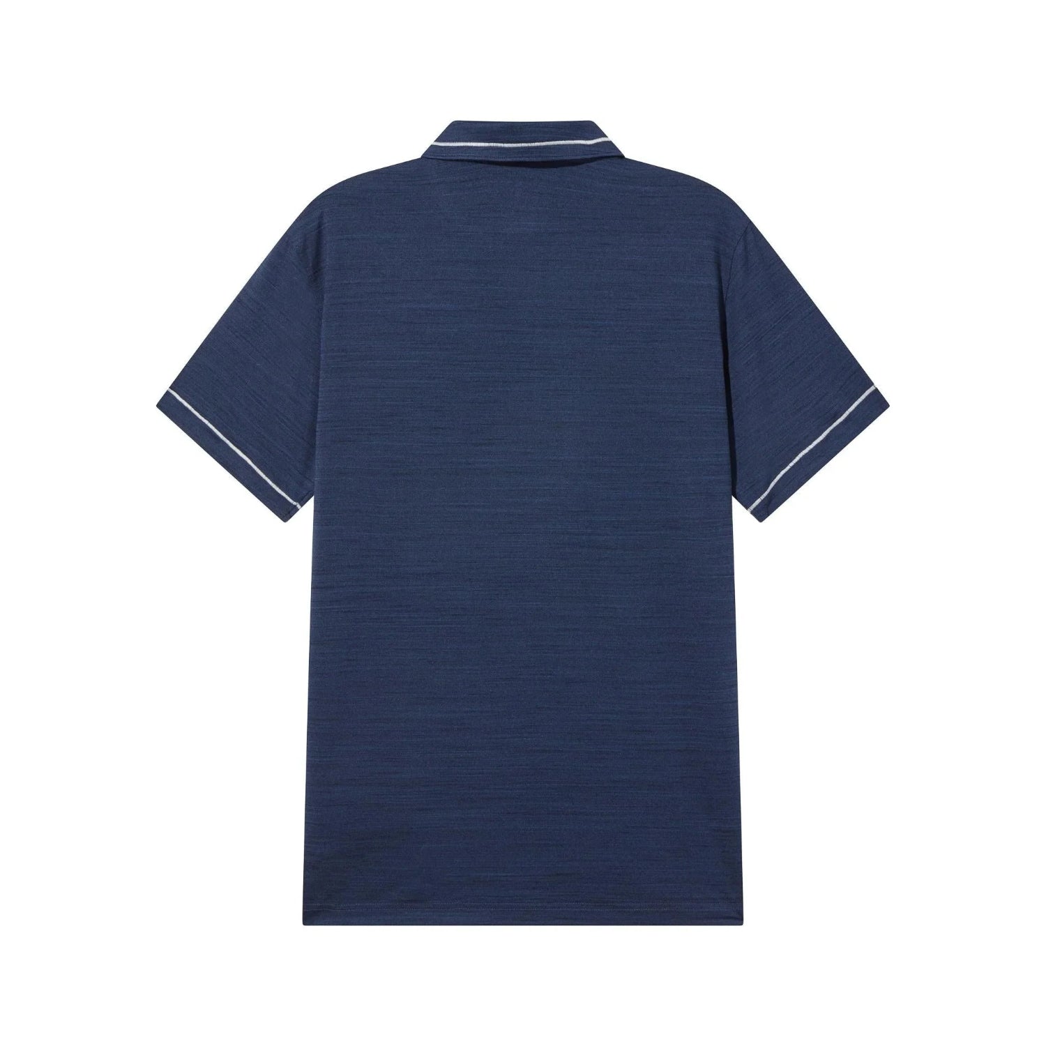 Navy blue men's polo shirt with white tipping on collar and sleeve cuffs, back view