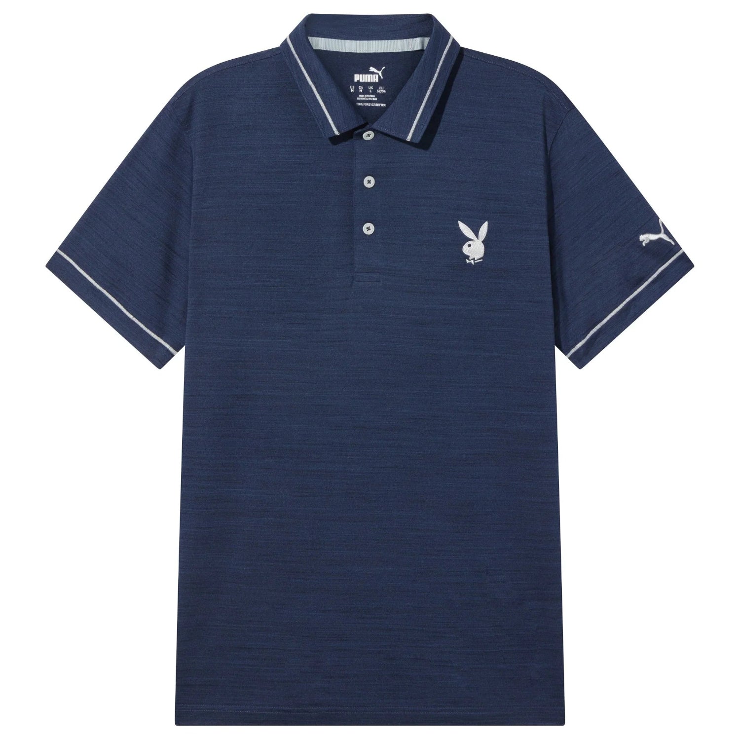 Navy blue performance polo shirt with white bunny logo and contrast stripe details