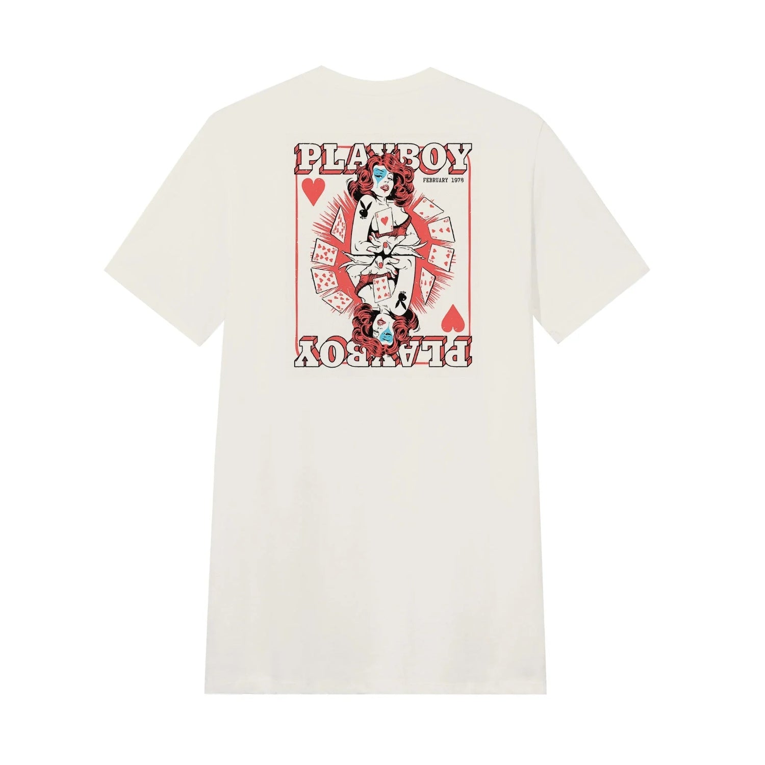White t-shirt featuring Queen of Hearts card graphic, red and black playing cards, and bold letters.