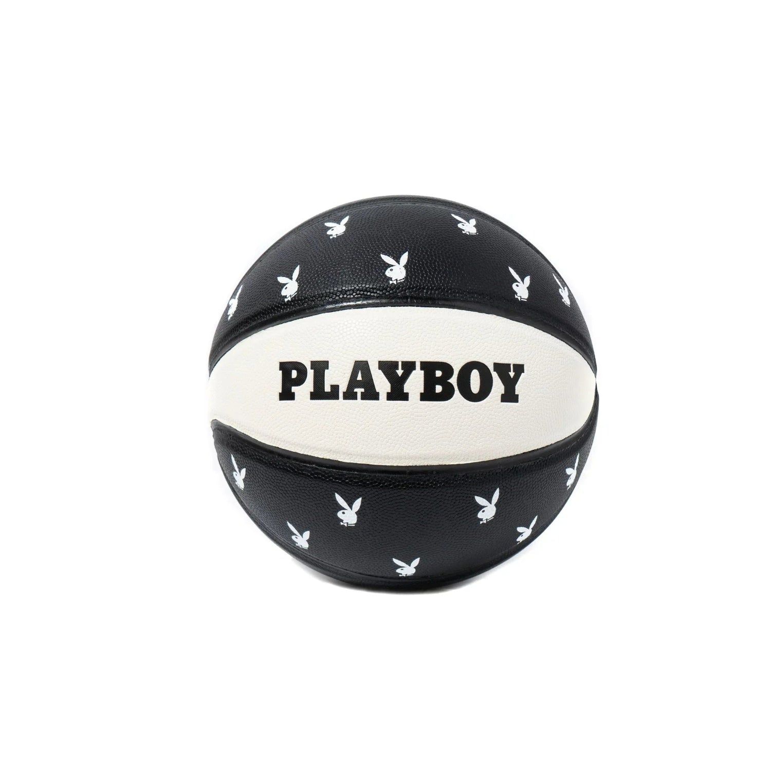 Black and white basketball with Playboy logo and rabbit head graphics on white background