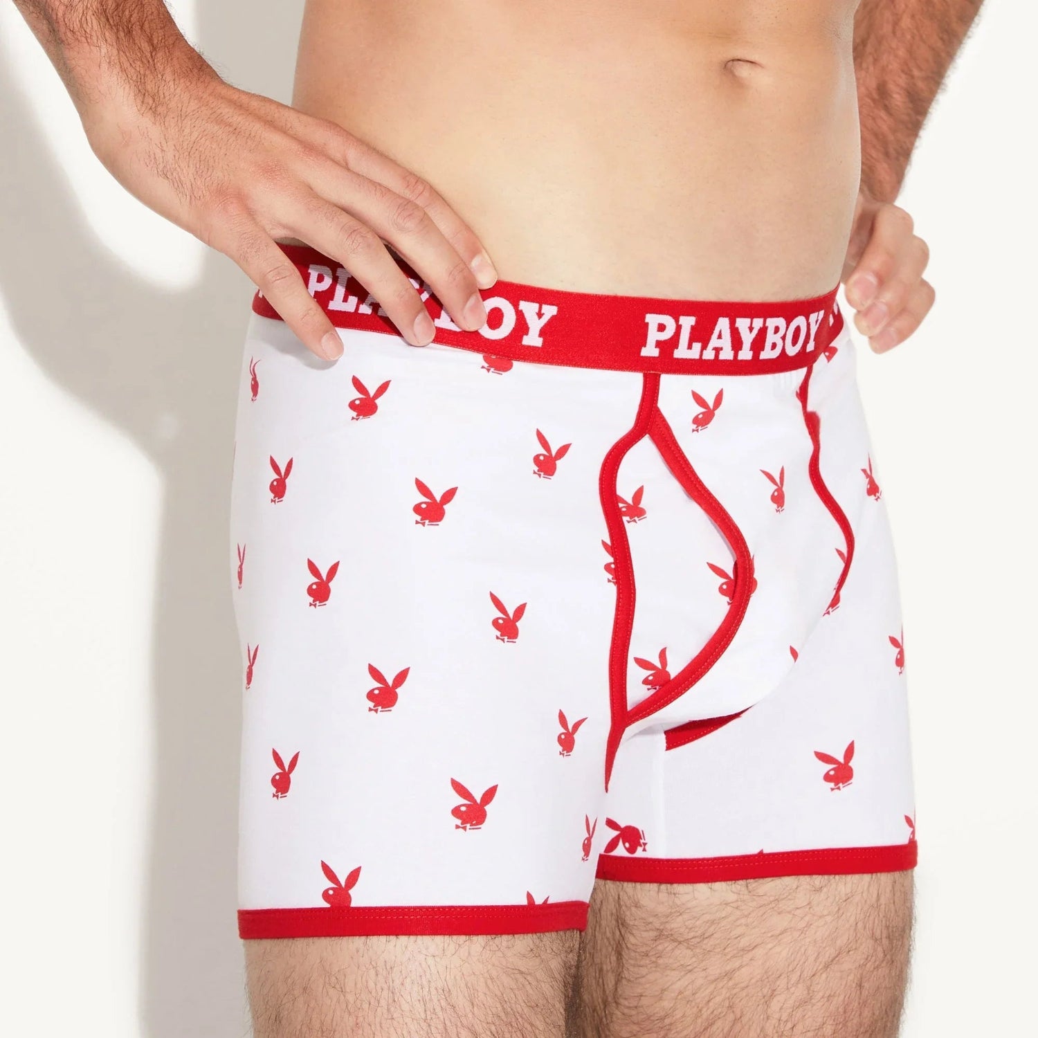 White men's boxer briefs with red rabbit head print and red waistband detail