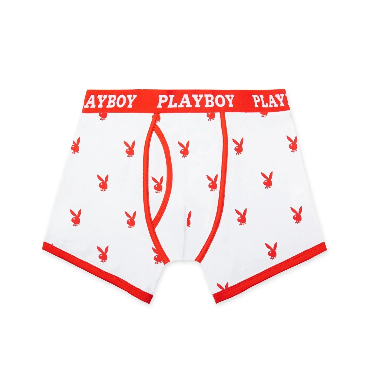 White boxer briefs with red bunny head print and red waistband featuring text, men's underwear