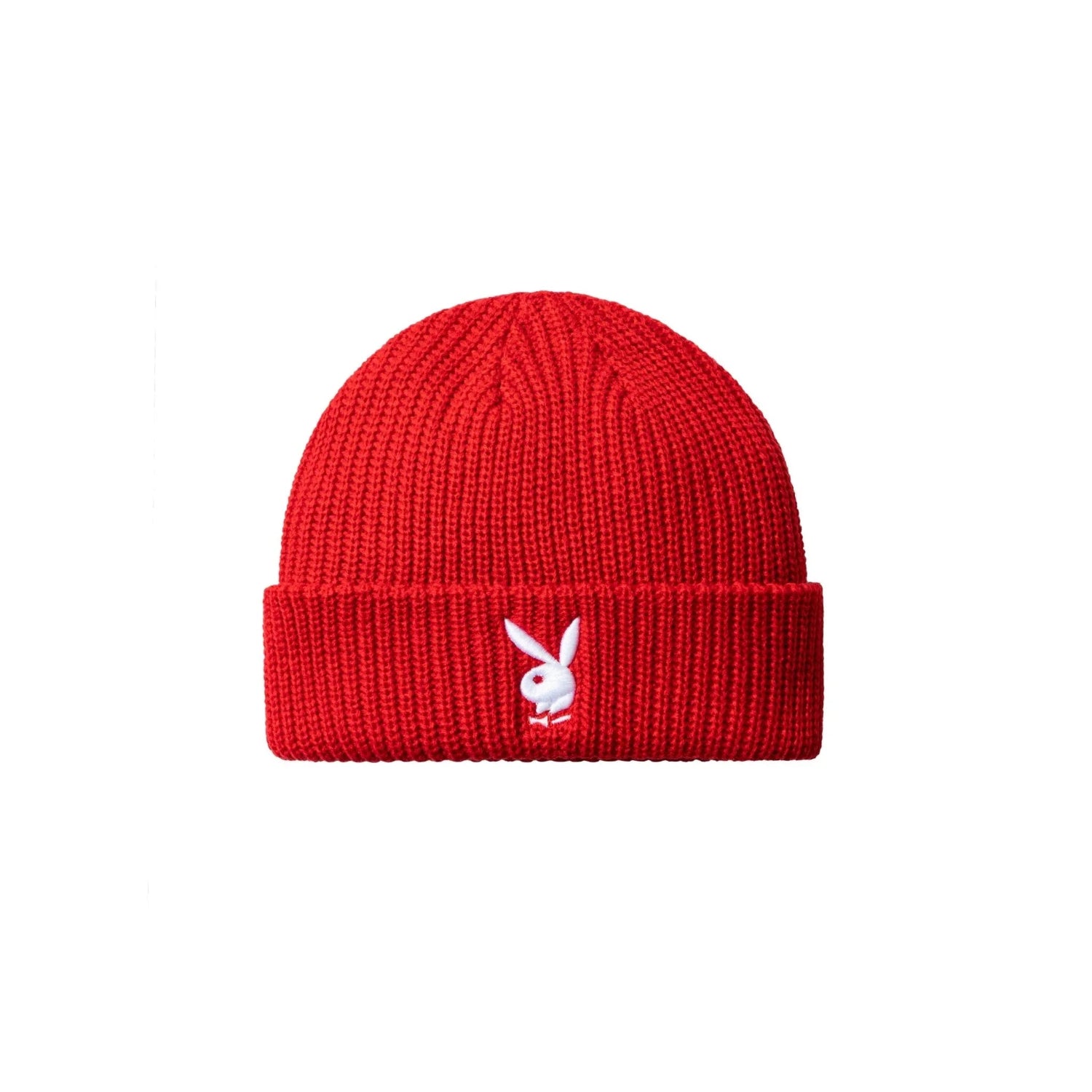 Red knit beanie with white rabbit head logo embroidered on the folded cuff