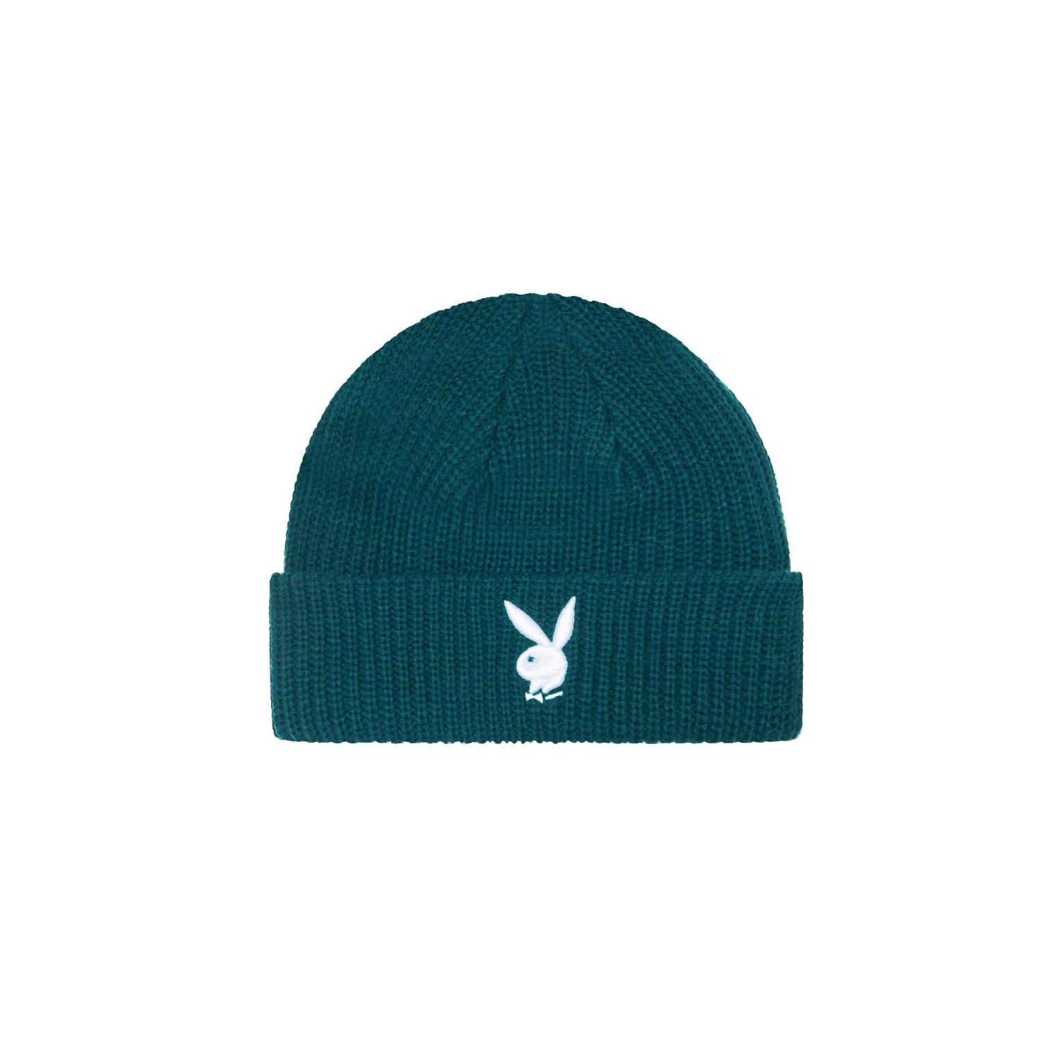 Teal knit beanie with white rabbit head logo embroidered on front fold